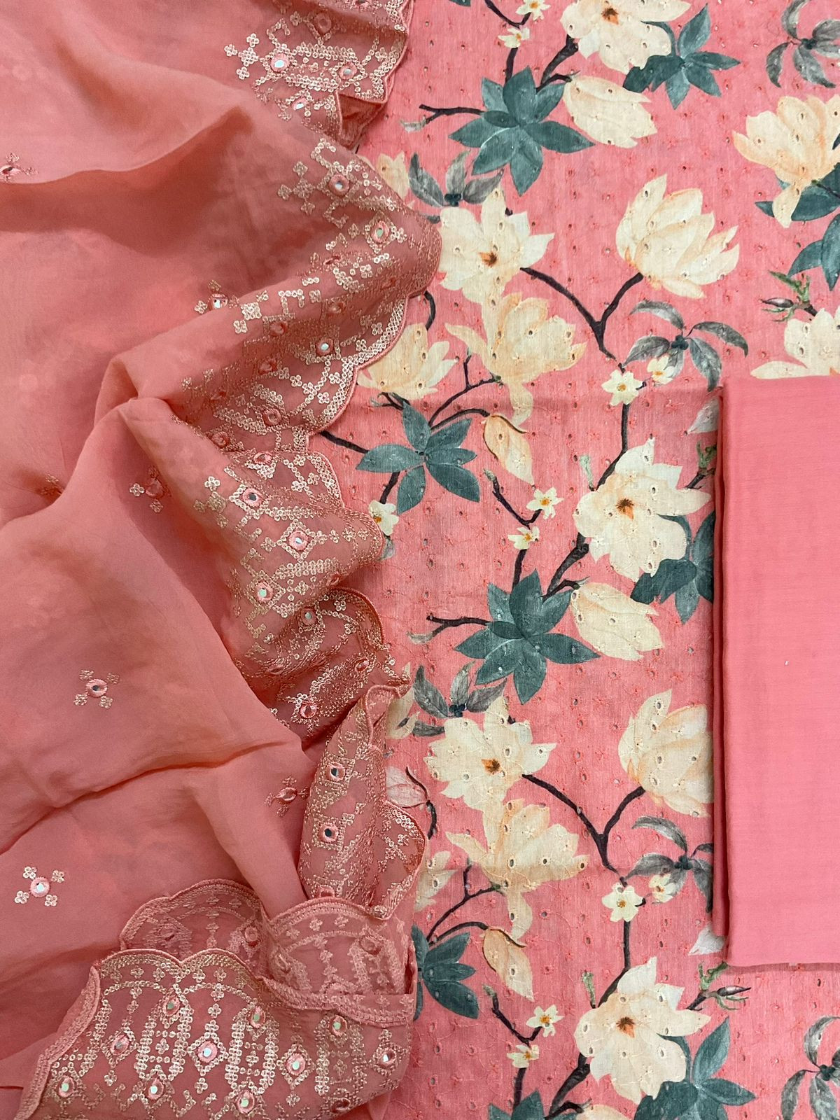 Pure Fine Hakoba Cotton Printed Embroidered Suit - Peach