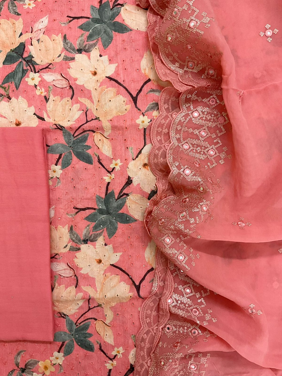 Pure Fine Hakoba Cotton Printed Embroidered Suit - Peach