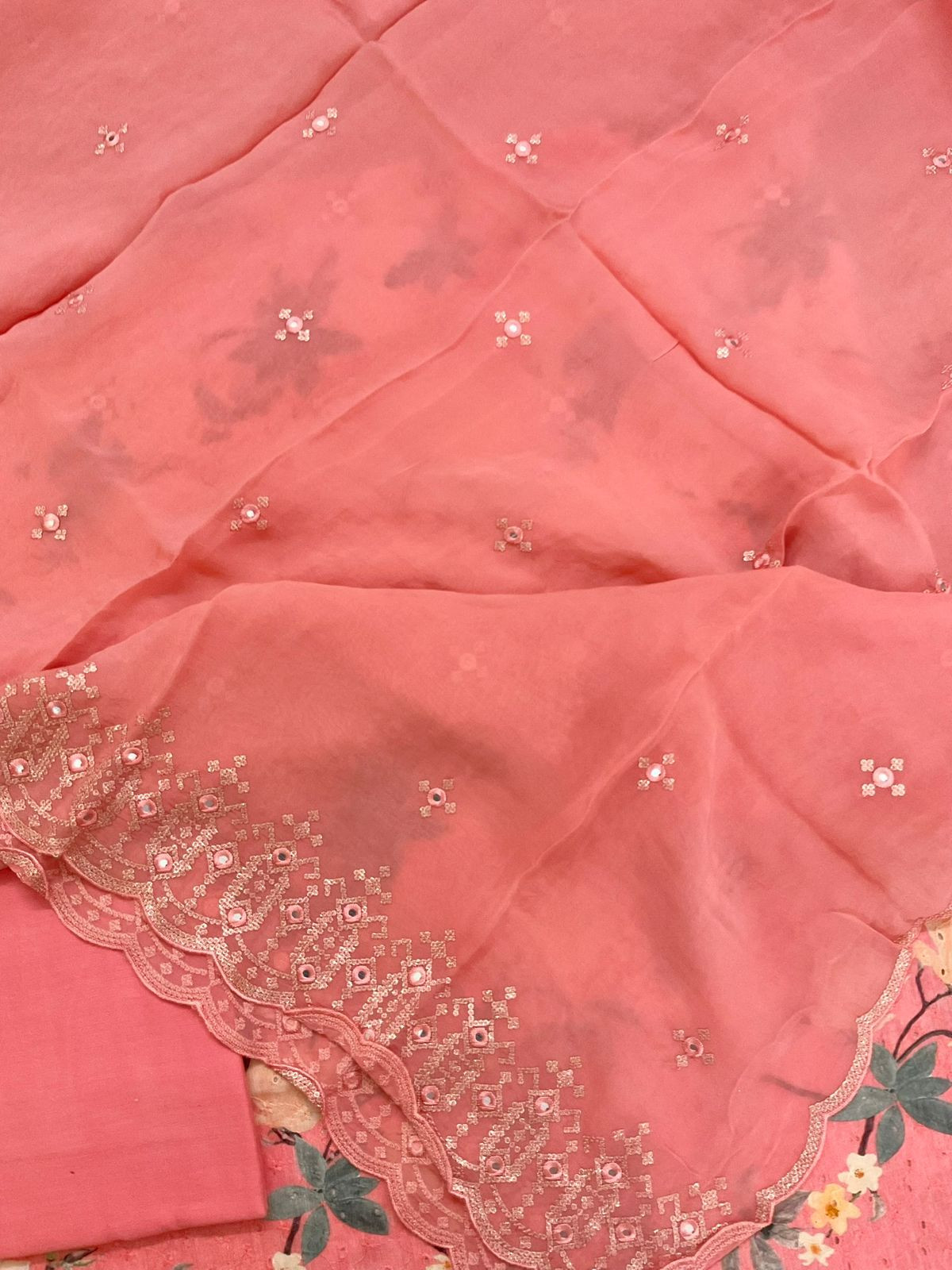 Pure Fine Hakoba Cotton Printed Embroidered Suit - Peach