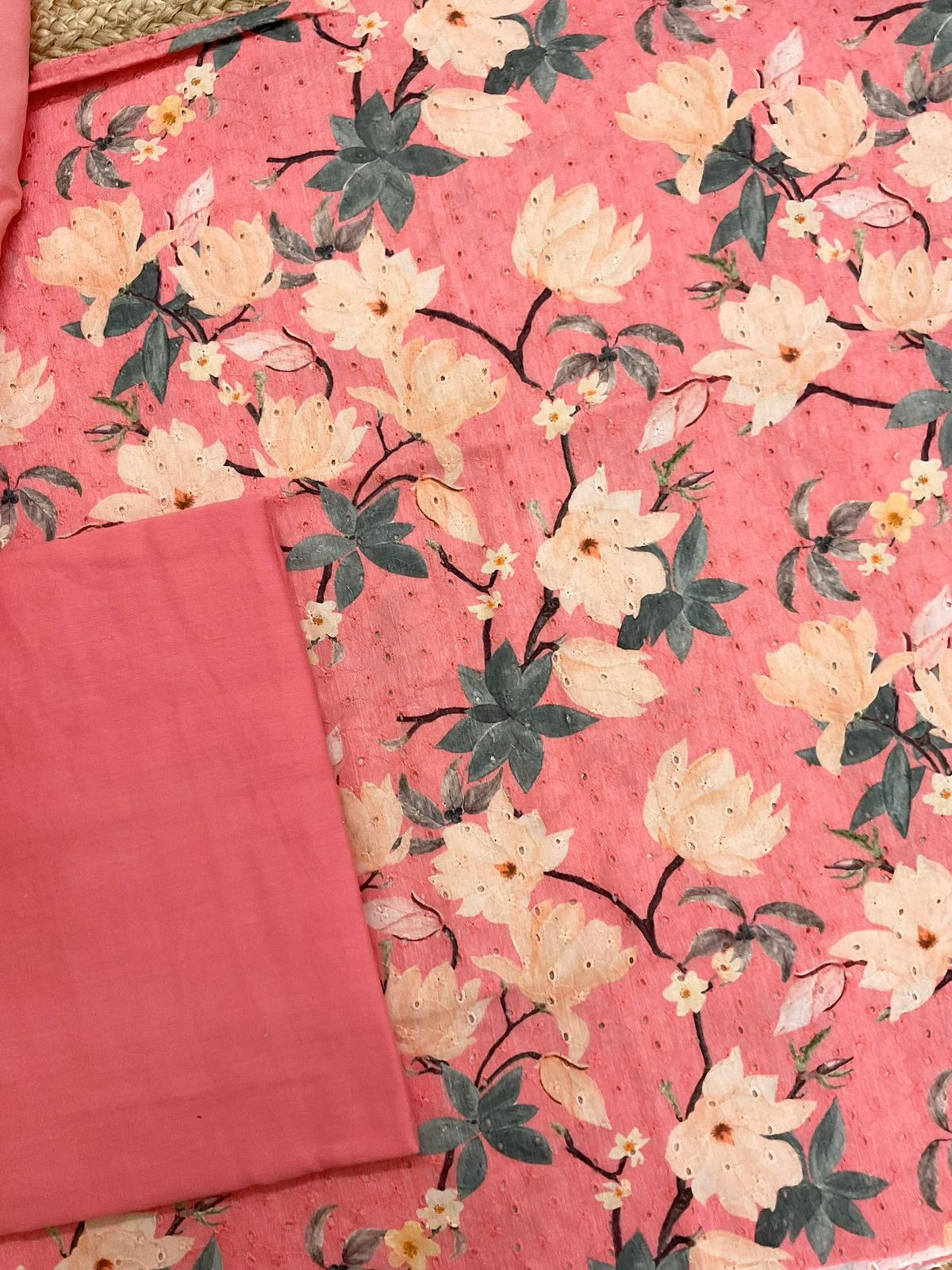 Pure Fine Hakoba Cotton Printed Embroidered Suit - Peach