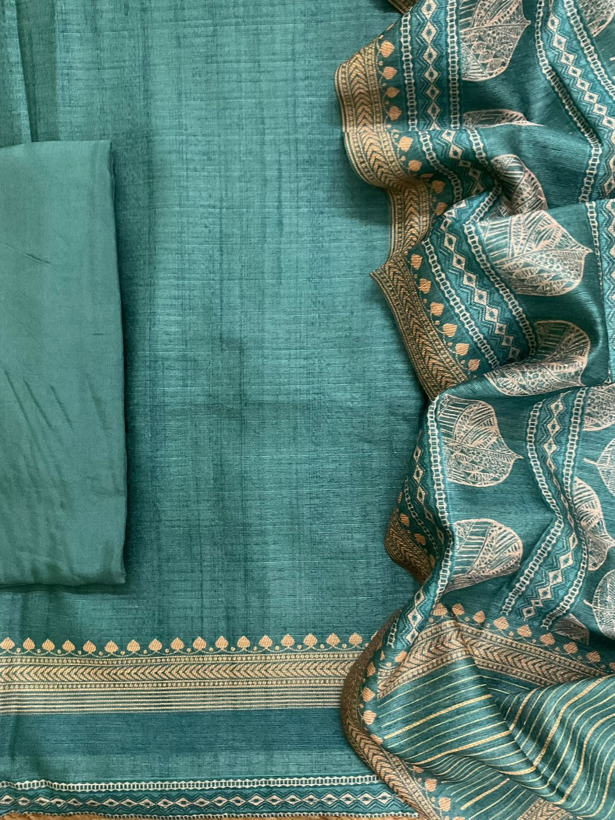 Soft Raw Silk Printed Embroidered Suit - Green