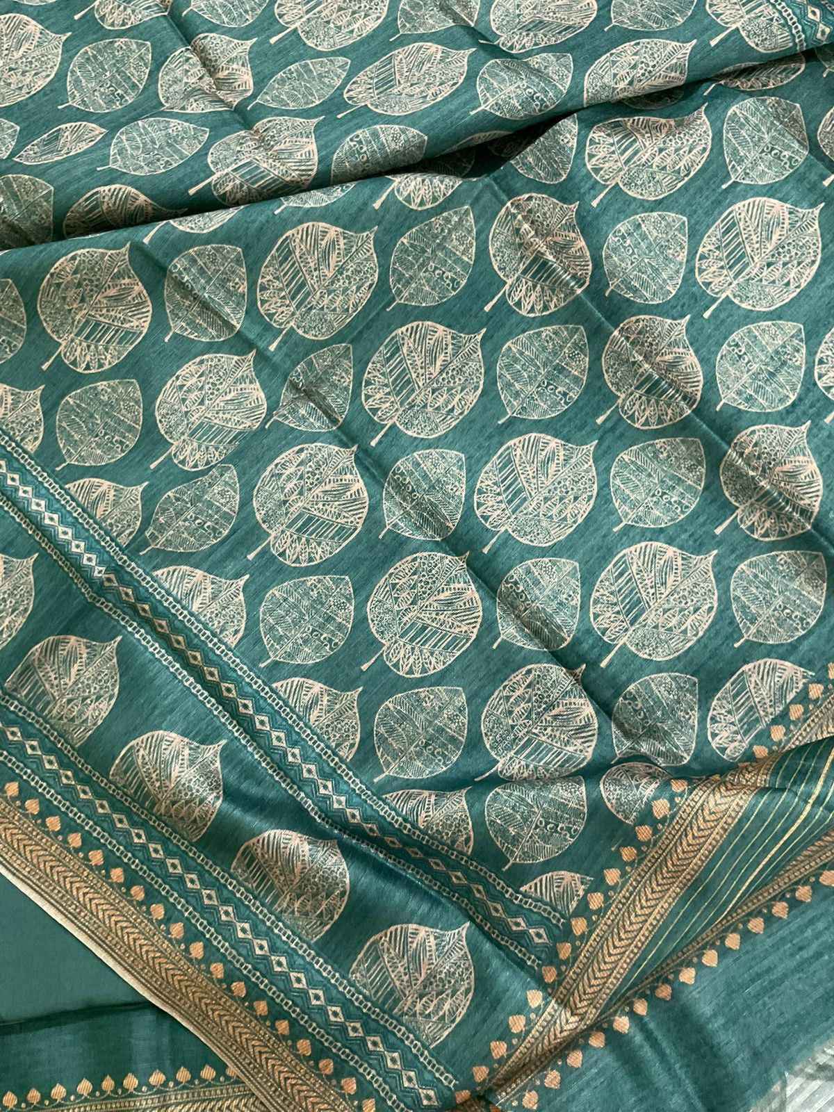 Soft Raw Silk Printed Embroidered Suit - Green