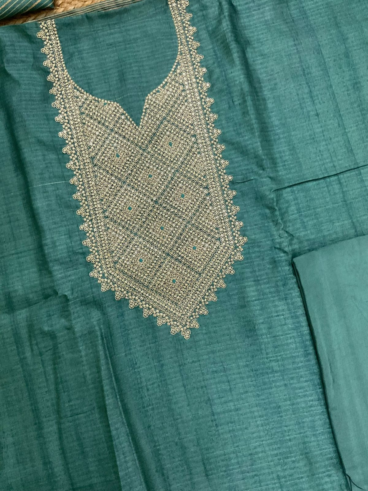 Soft Raw Silk Printed Embroidered Suit - Green