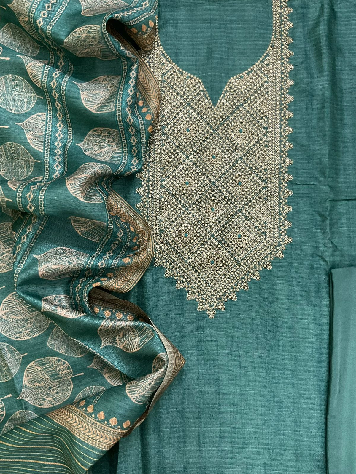 Soft Raw Silk Printed Embroidered Suit - Green