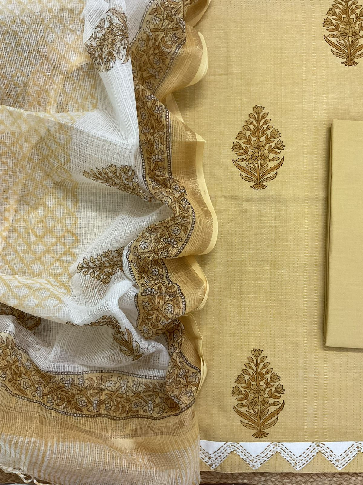 Pure Handloom Cotton Self Weaved Printed Embroidered Suit - Mustard Yellow