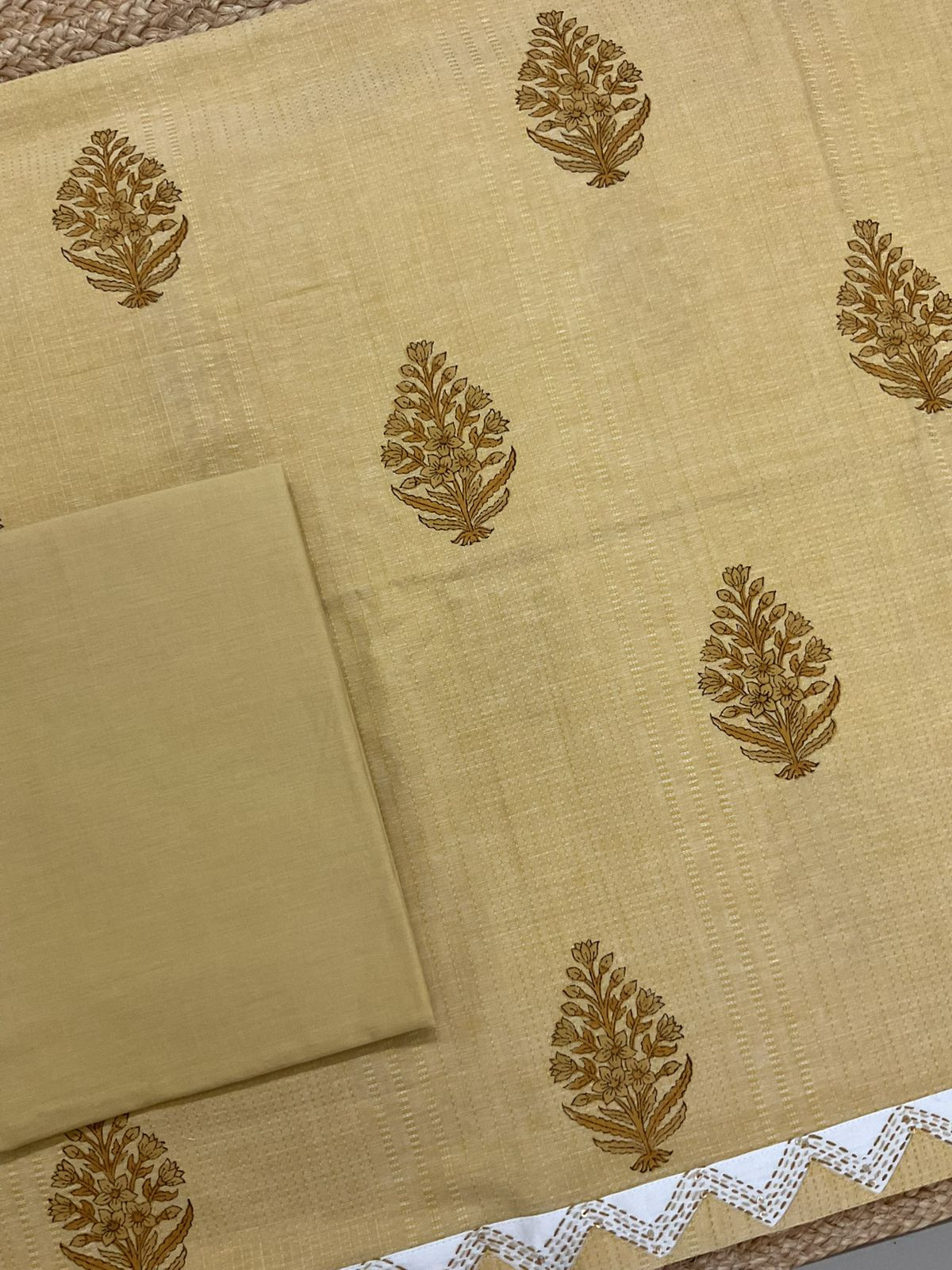 Pure Handloom Cotton Self Weaved Printed Embroidered Suit - Mustard Yellow