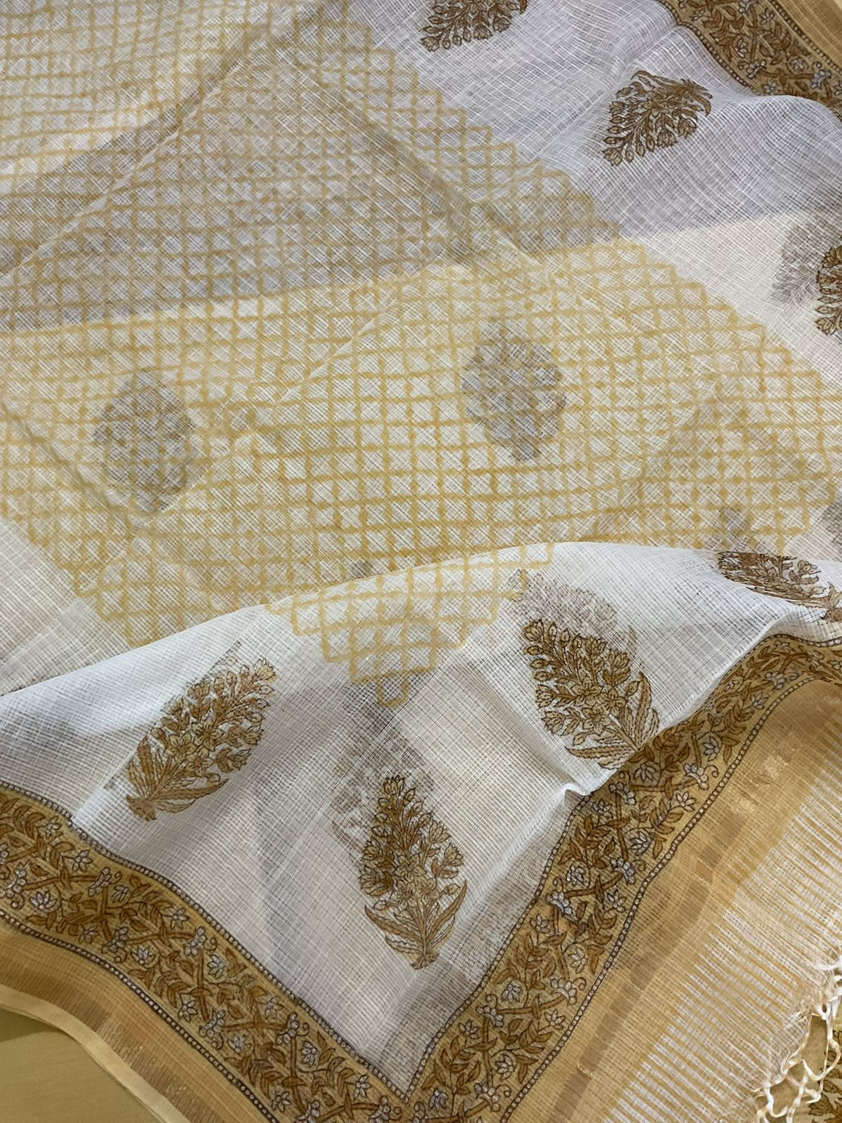 Pure Handloom Cotton Self Weaved Printed Embroidered Suit - Mustard Yellow