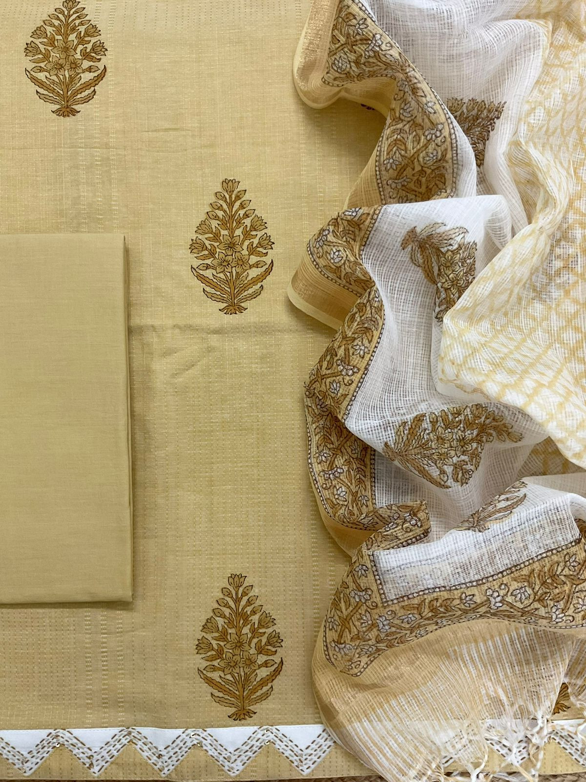 Pure Handloom Cotton Self Weaved Printed Embroidered Suit - Mustard Yellow