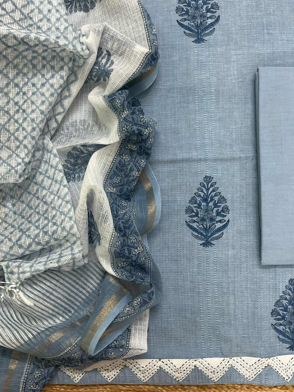 Pure Handloom Cotton Self Weaved Printed Embroidered Suit - Blue