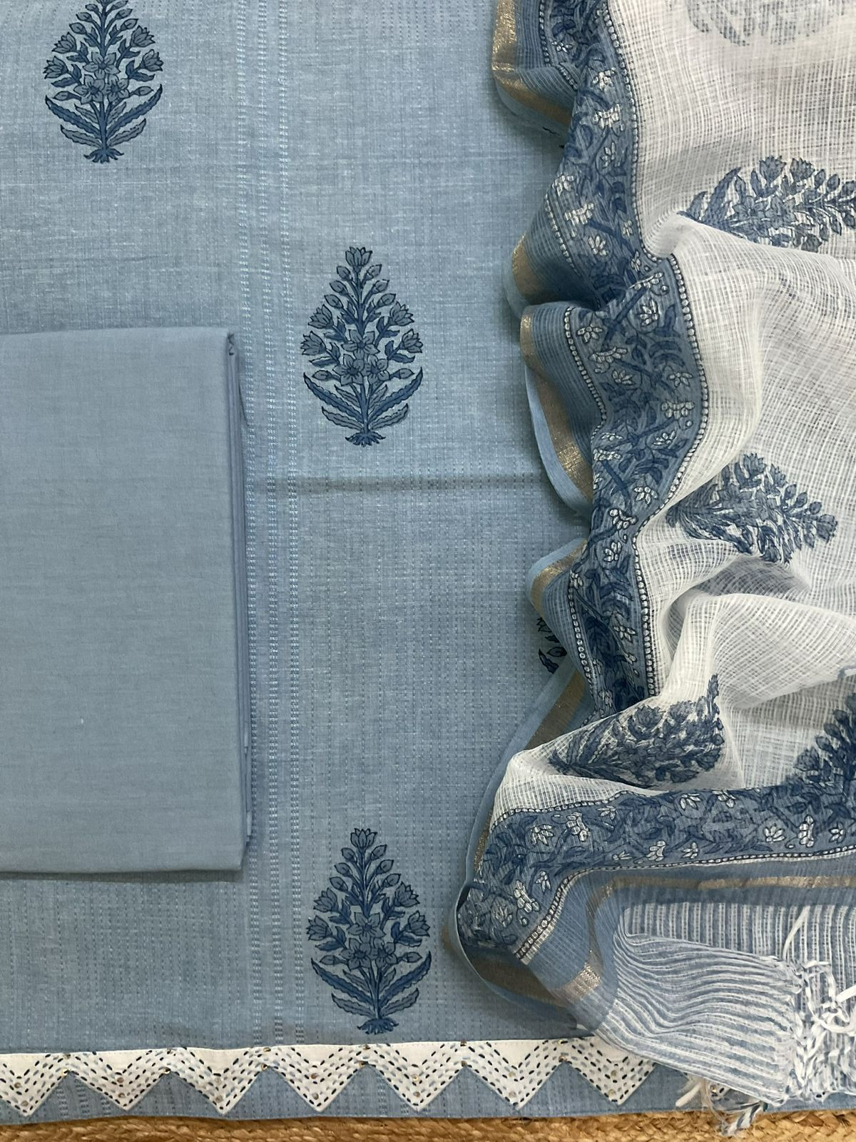 Pure Handloom Cotton Self Weaved Printed Embroidered Suit - Blue