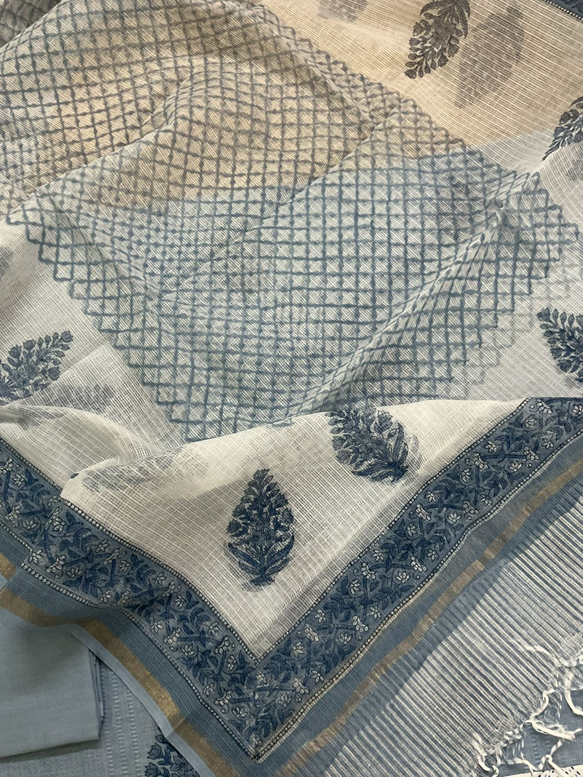 Pure Handloom Cotton Self Weaved Printed Embroidered Suit - Blue