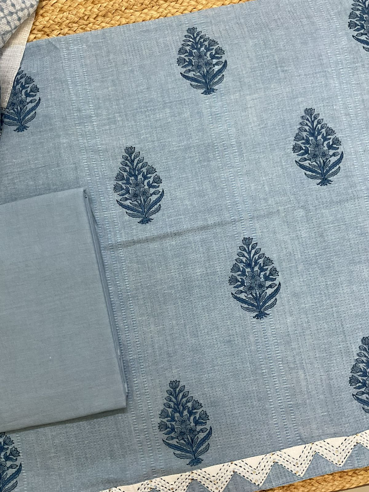 Pure Handloom Cotton Self Weaved Printed Embroidered Suit - Blue