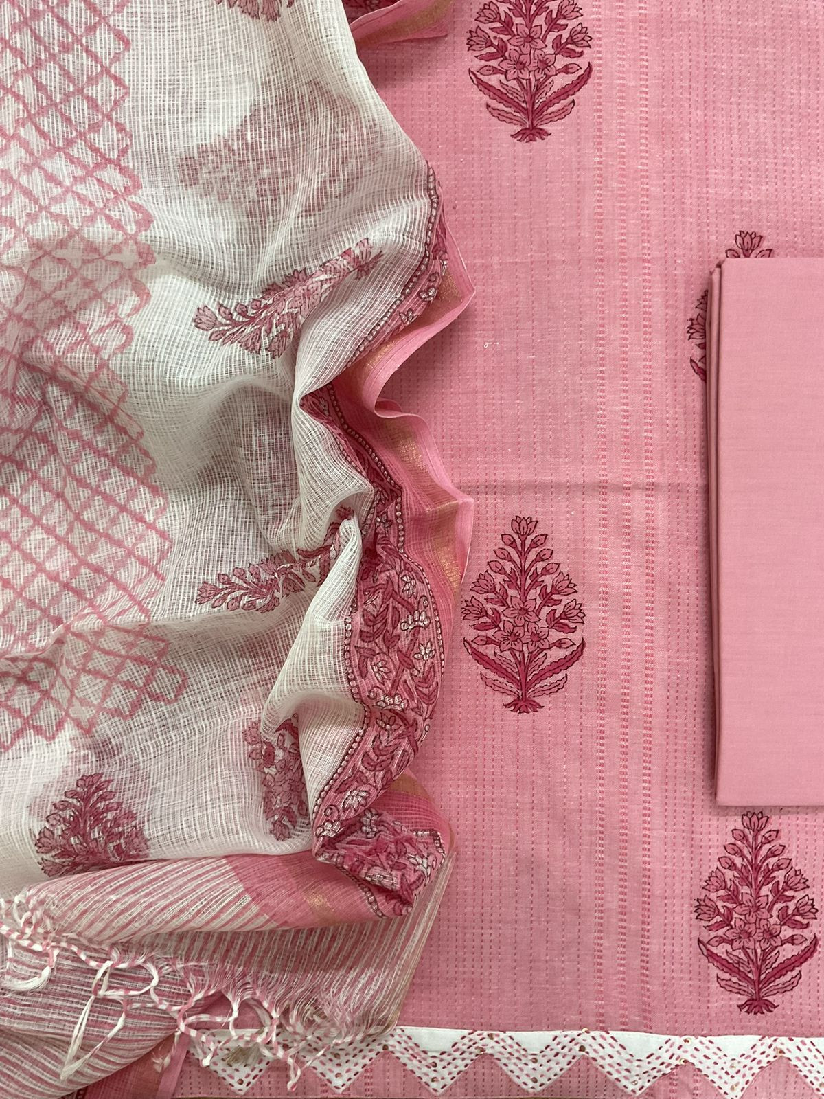 Pure Handloom Cotton Self Weaved Printed Embroidered Suit - Pink