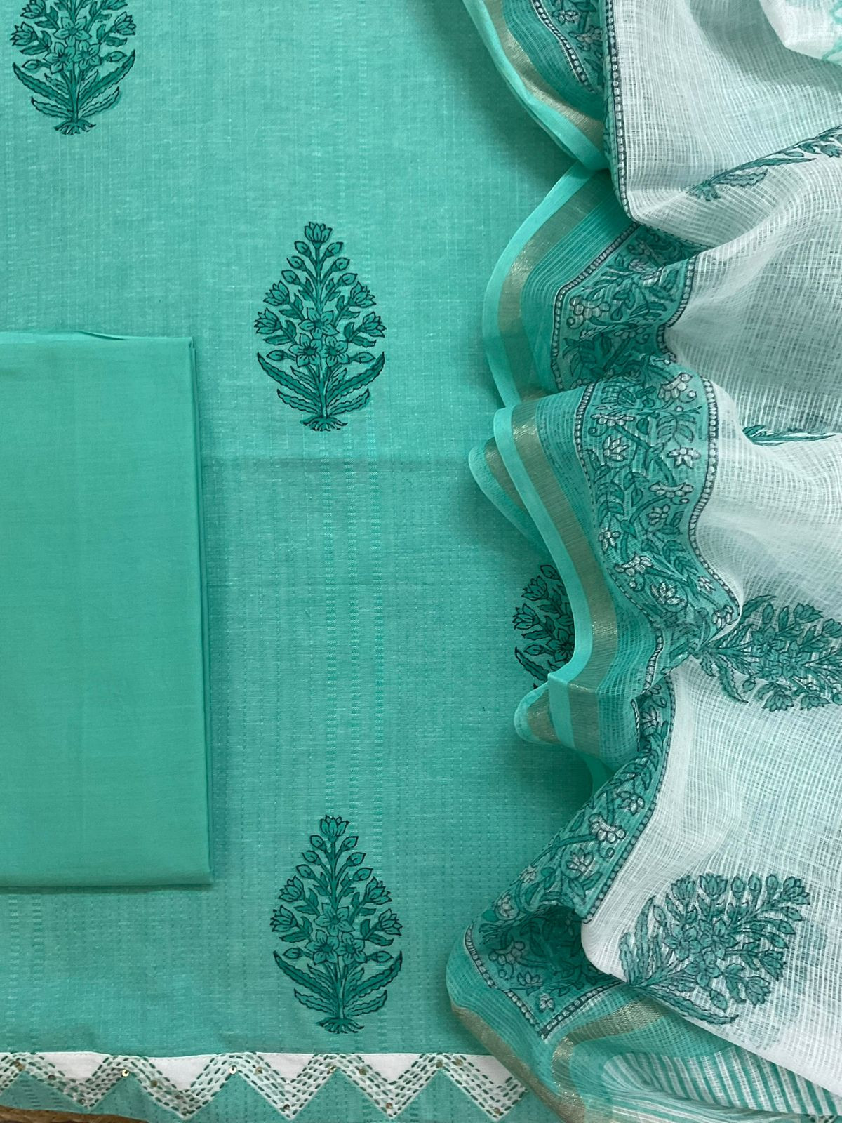 Pure Handloom Cotton Self Weaved Printed Embroidered Suit - Green