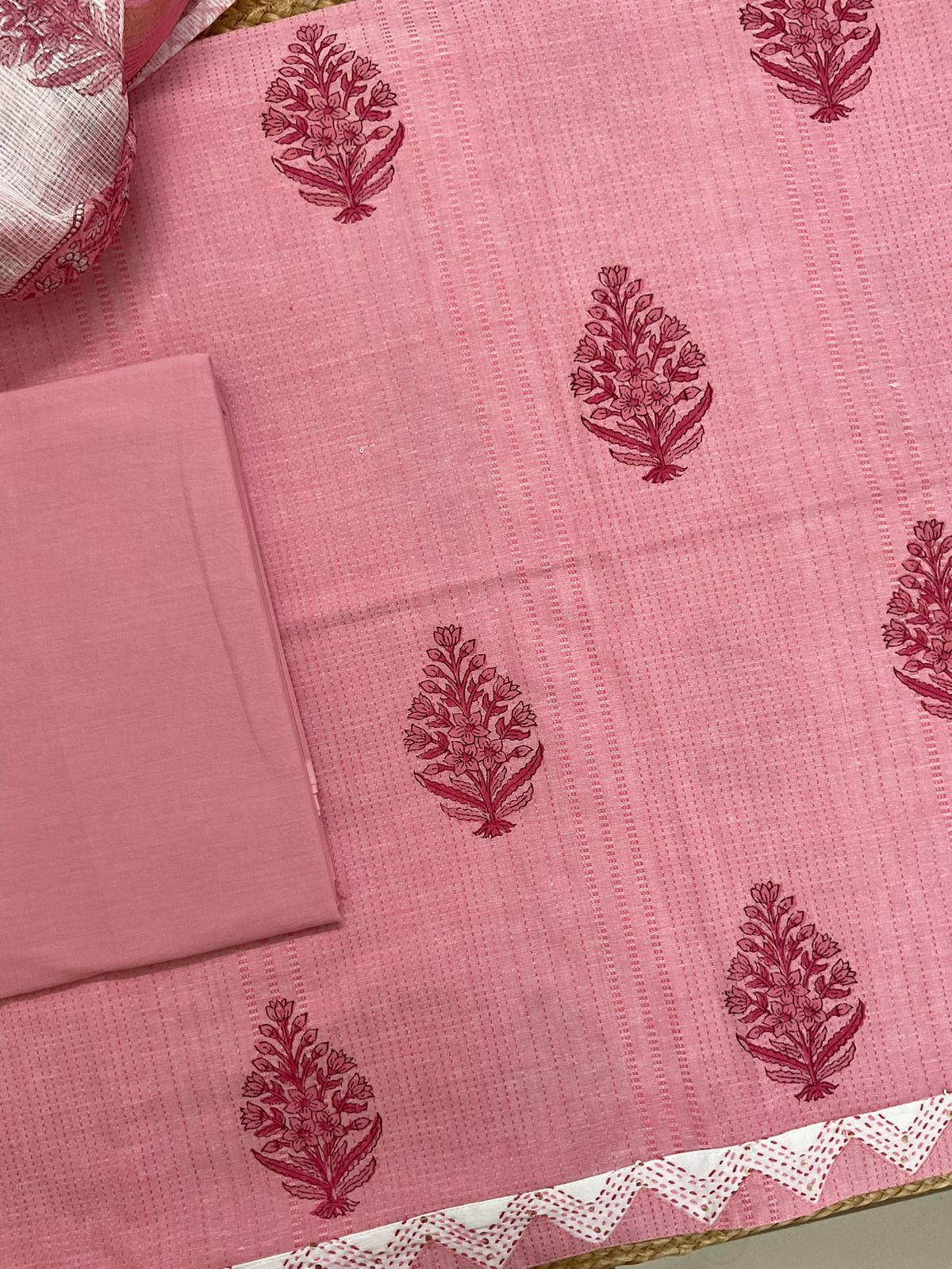 Pure Handloom Cotton Self Weaved Printed Embroidered Suit - Pink