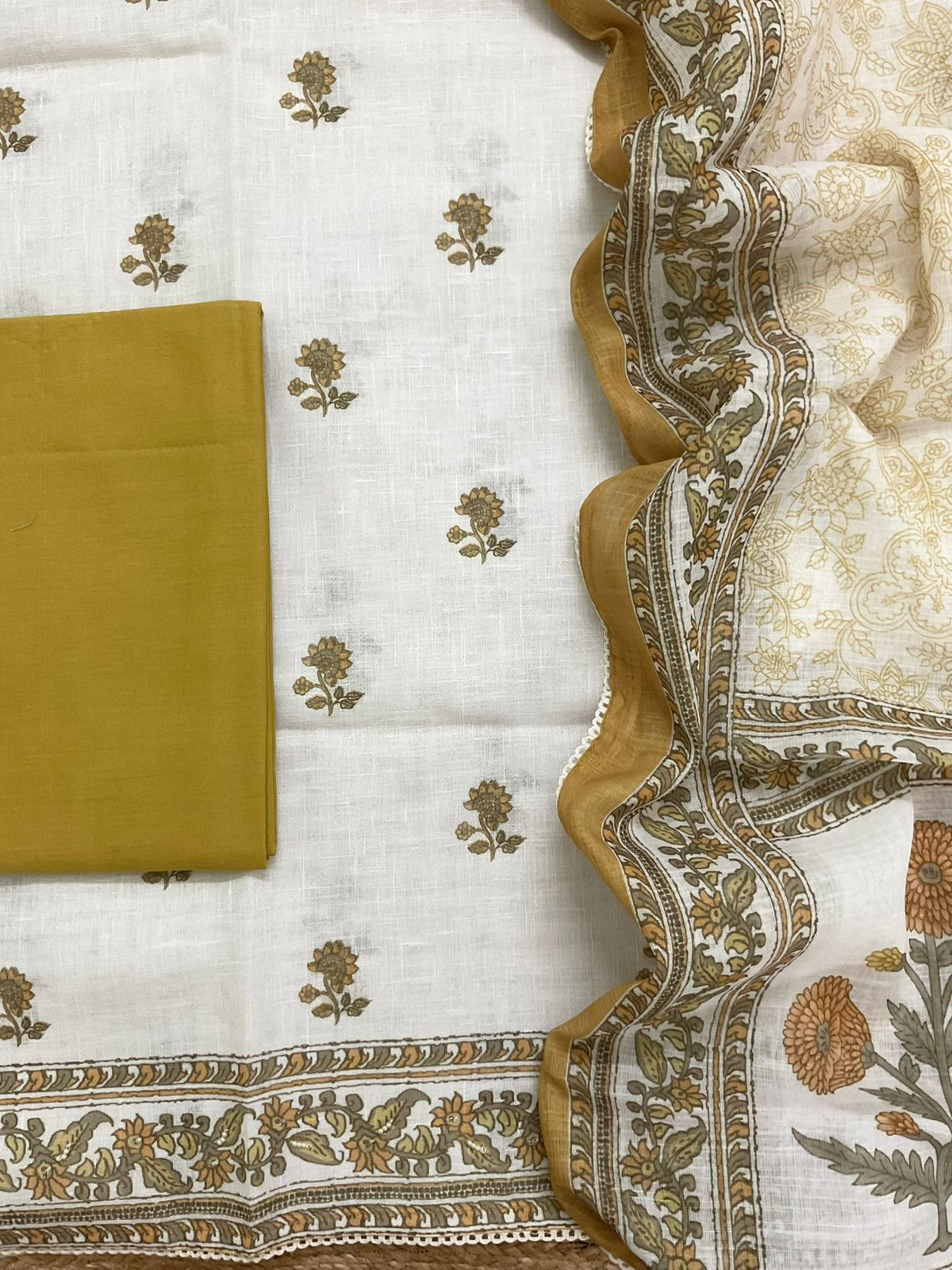 Soft Linen Jute Cotton Printed Embroidered Suit - Off White