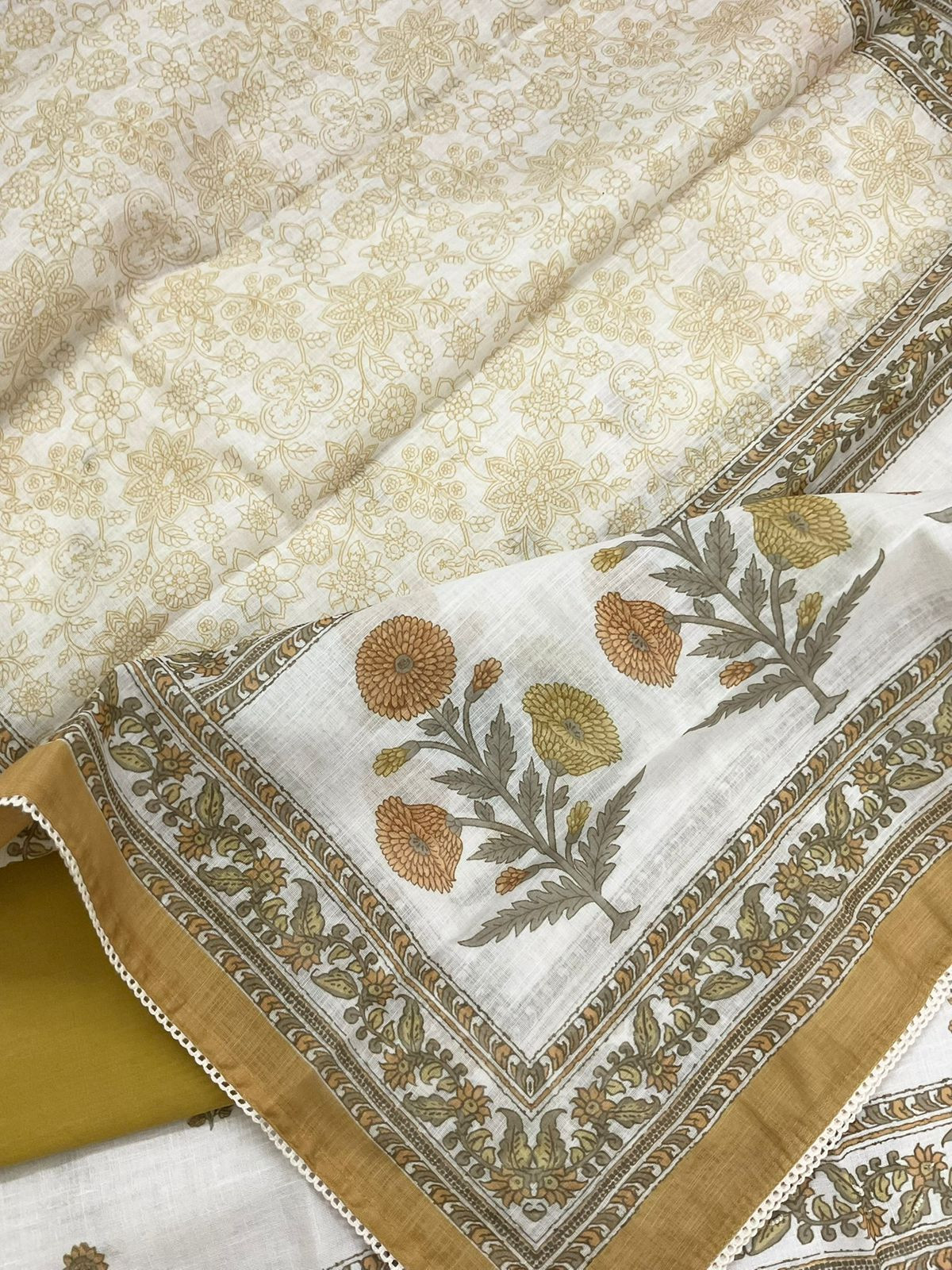 Soft Linen Jute Cotton Printed Embroidered Suit - Off White