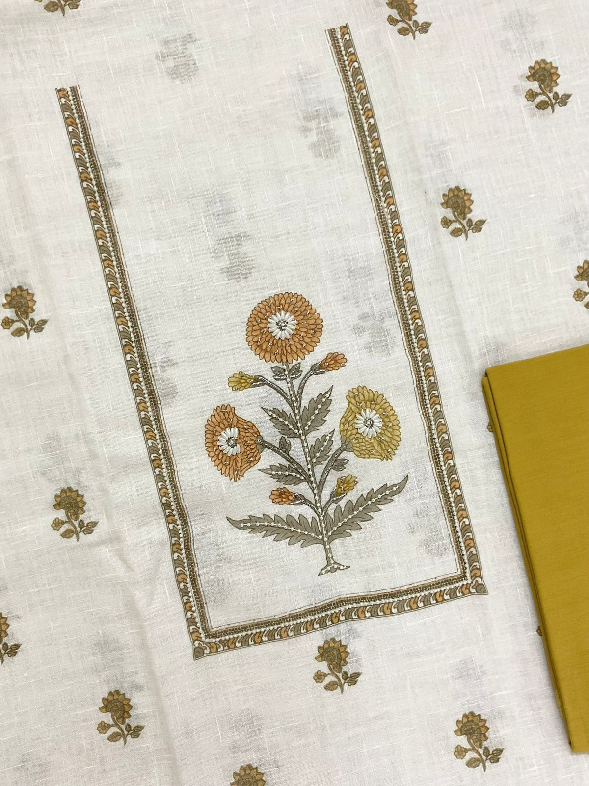 Soft Linen Jute Cotton Printed Embroidered Suit - Off White