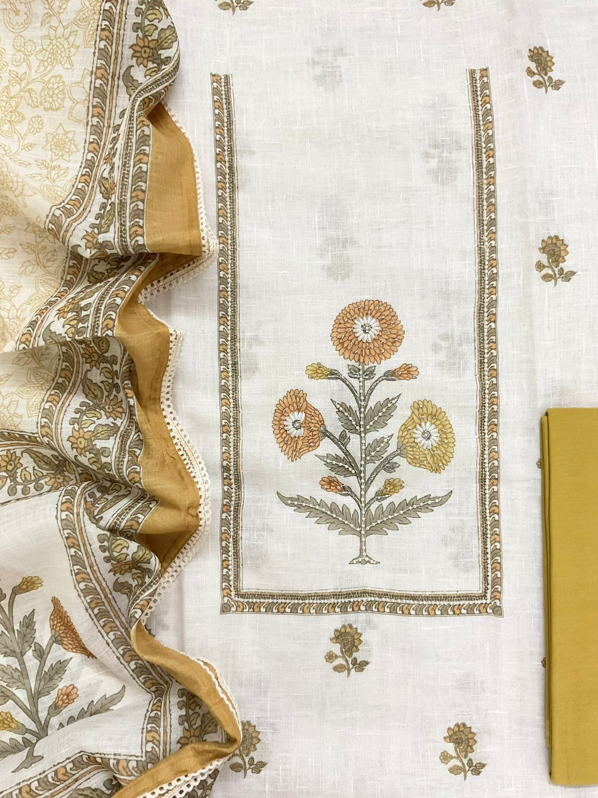 Soft Linen Jute Cotton Printed Embroidered Suit - Off White