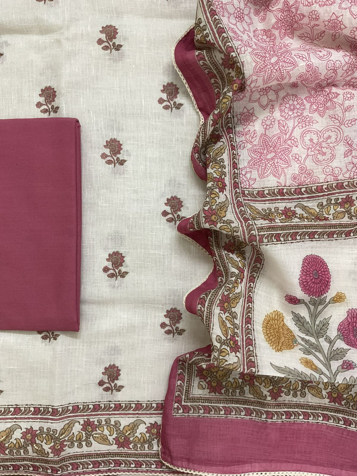 Soft Linen Jute Cotton Printed Embroidered Suit - Off White