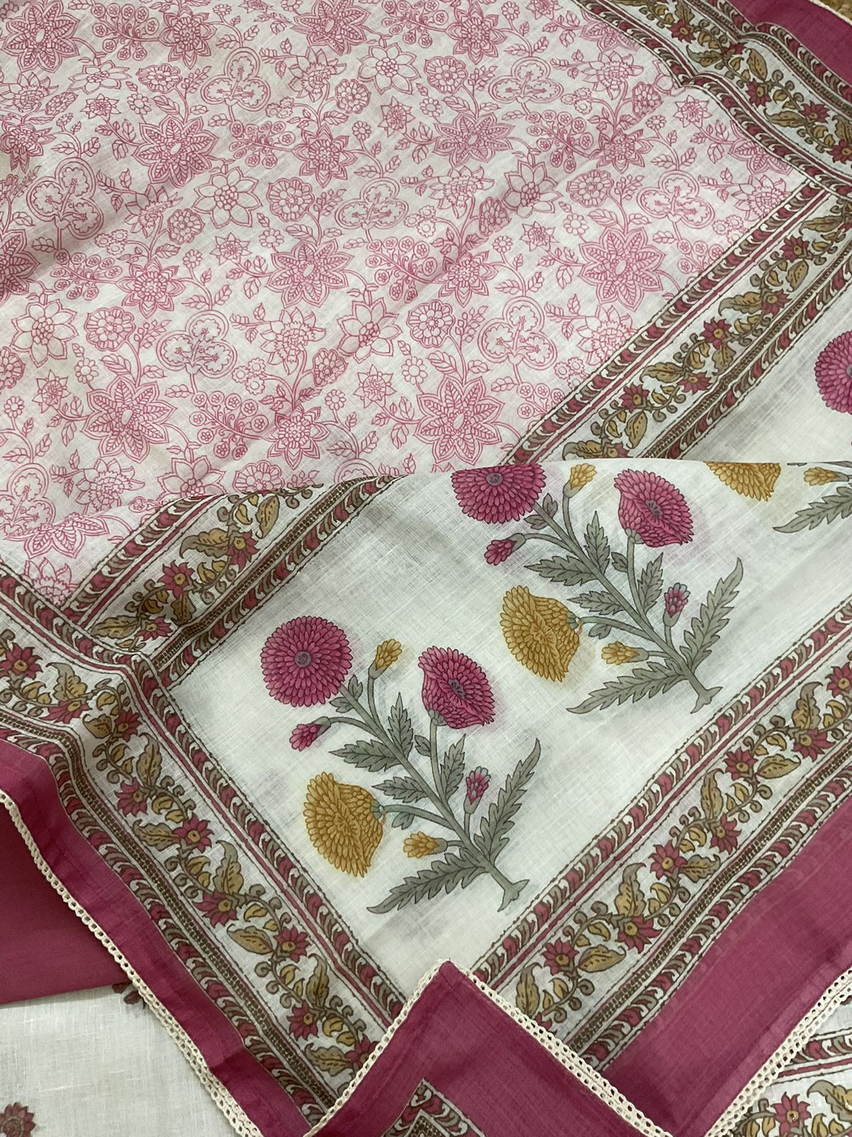 Soft Linen Jute Cotton Printed Embroidered Suit - Off White