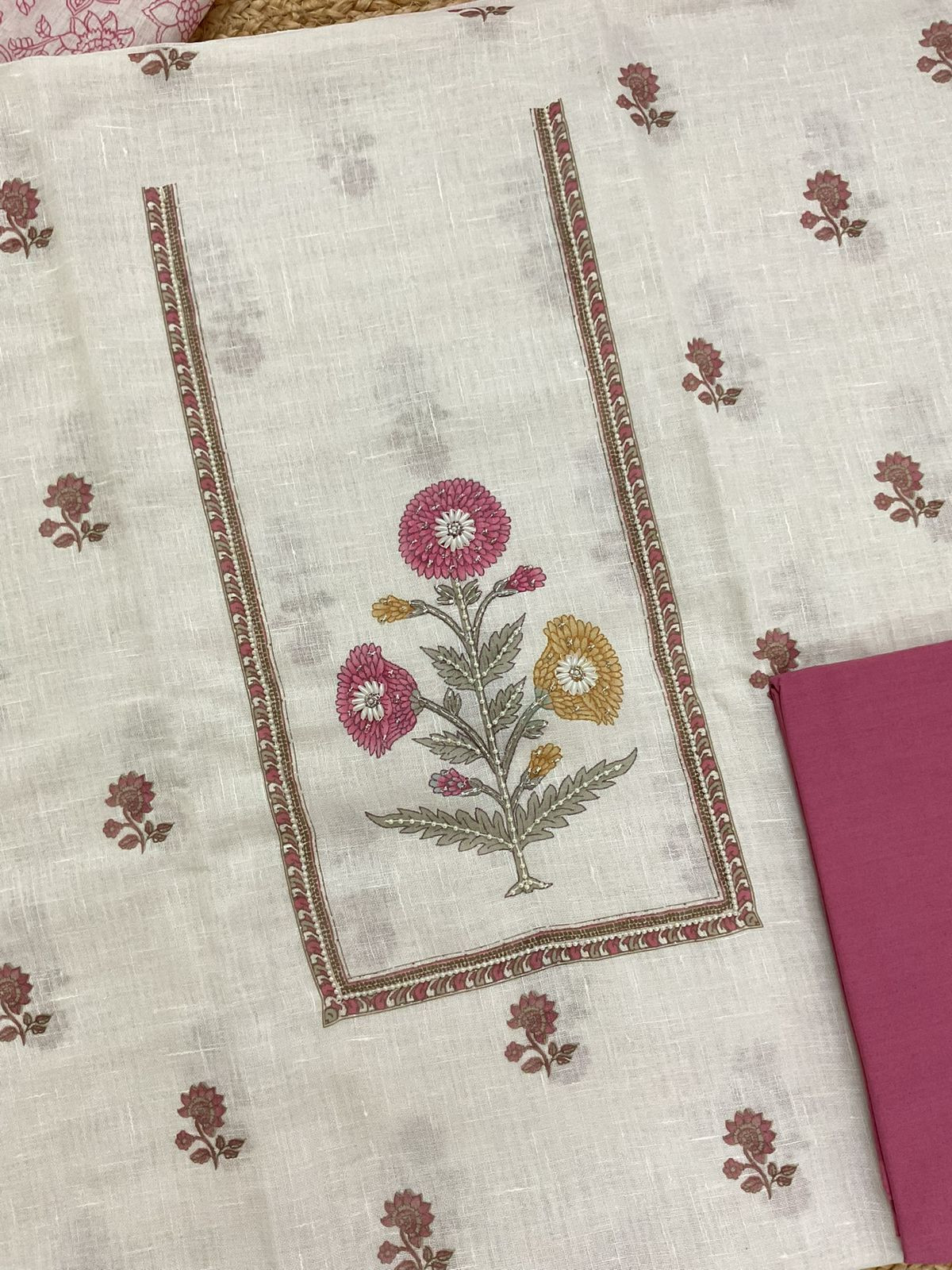 Soft Linen Jute Cotton Printed Embroidered Suit - Off White
