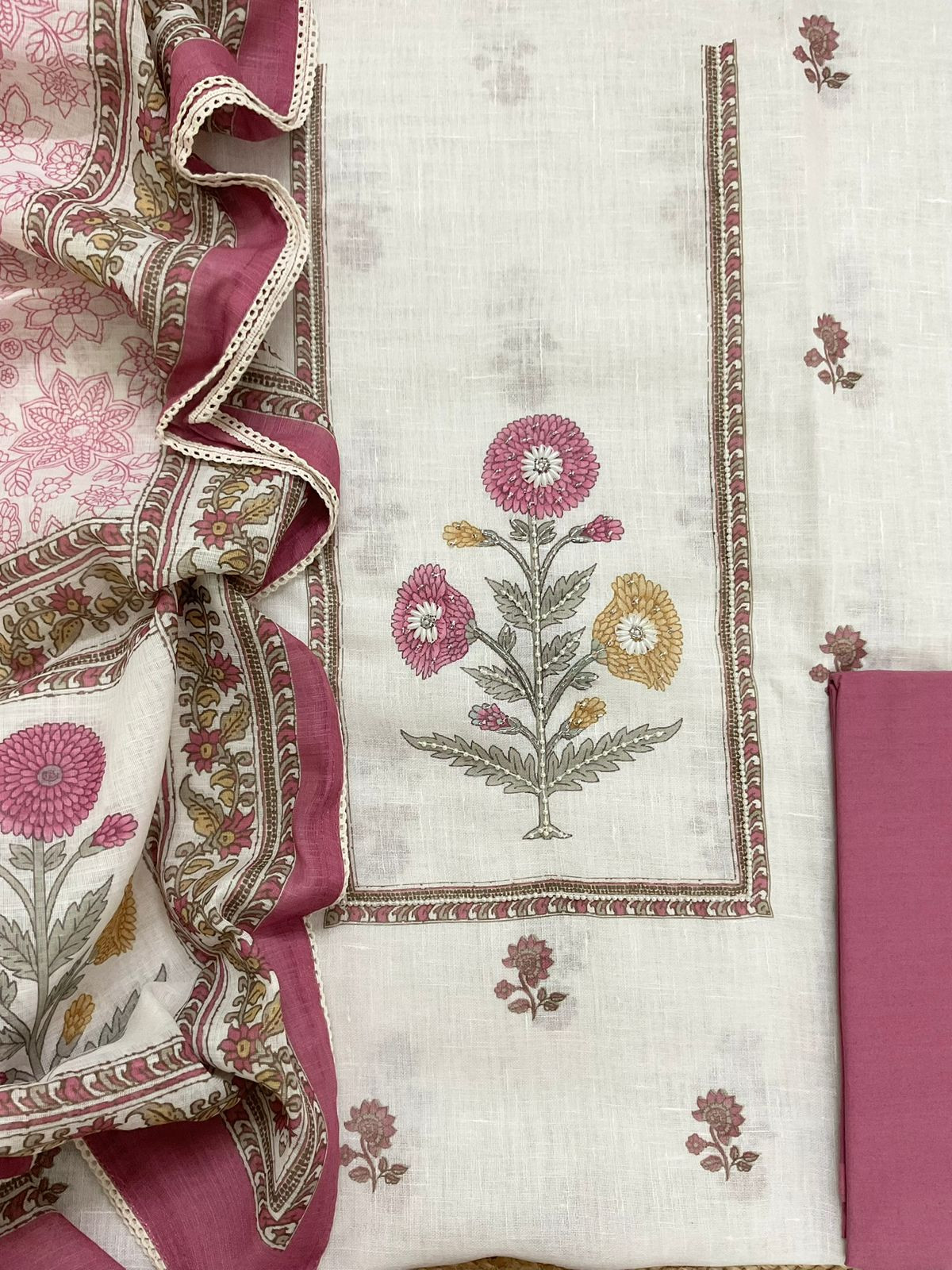Soft Linen Jute Cotton Printed Embroidered Suit - Off White