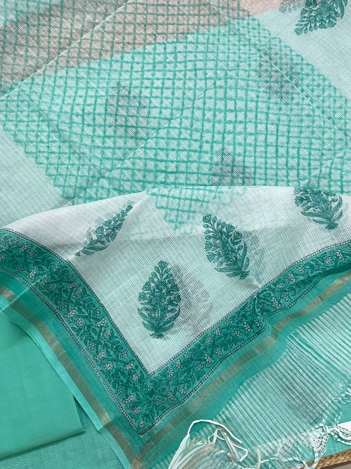 Pure Handloom Cotton Self Weaved Printed Embroidered Suit - Green