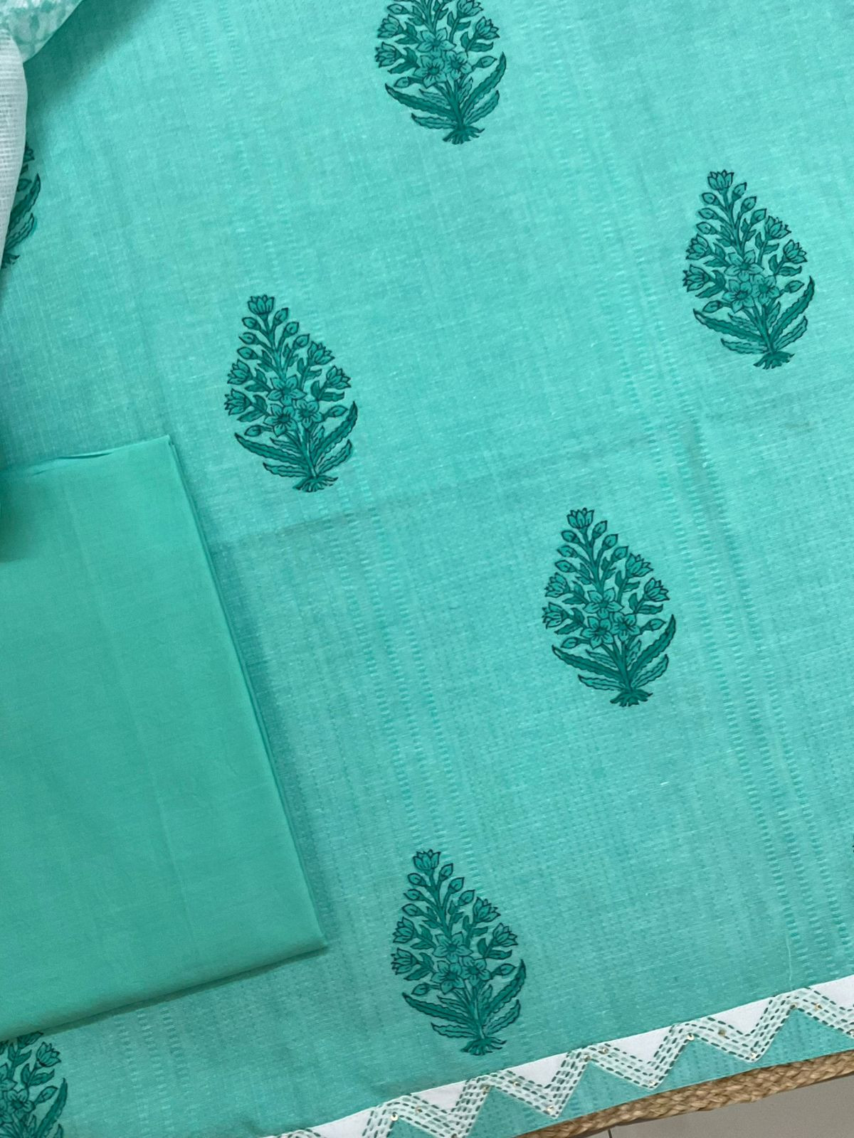 Pure Handloom Cotton Self Weaved Printed Embroidered Suit - Green
