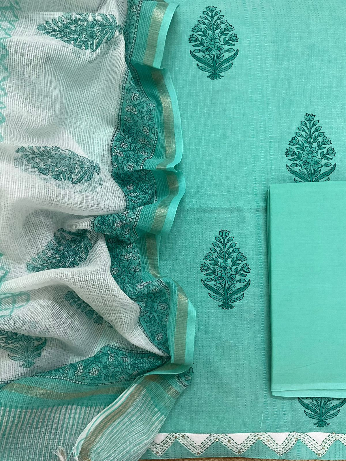 Pure Handloom Cotton Self Weaved Printed Embroidered Suit - Green