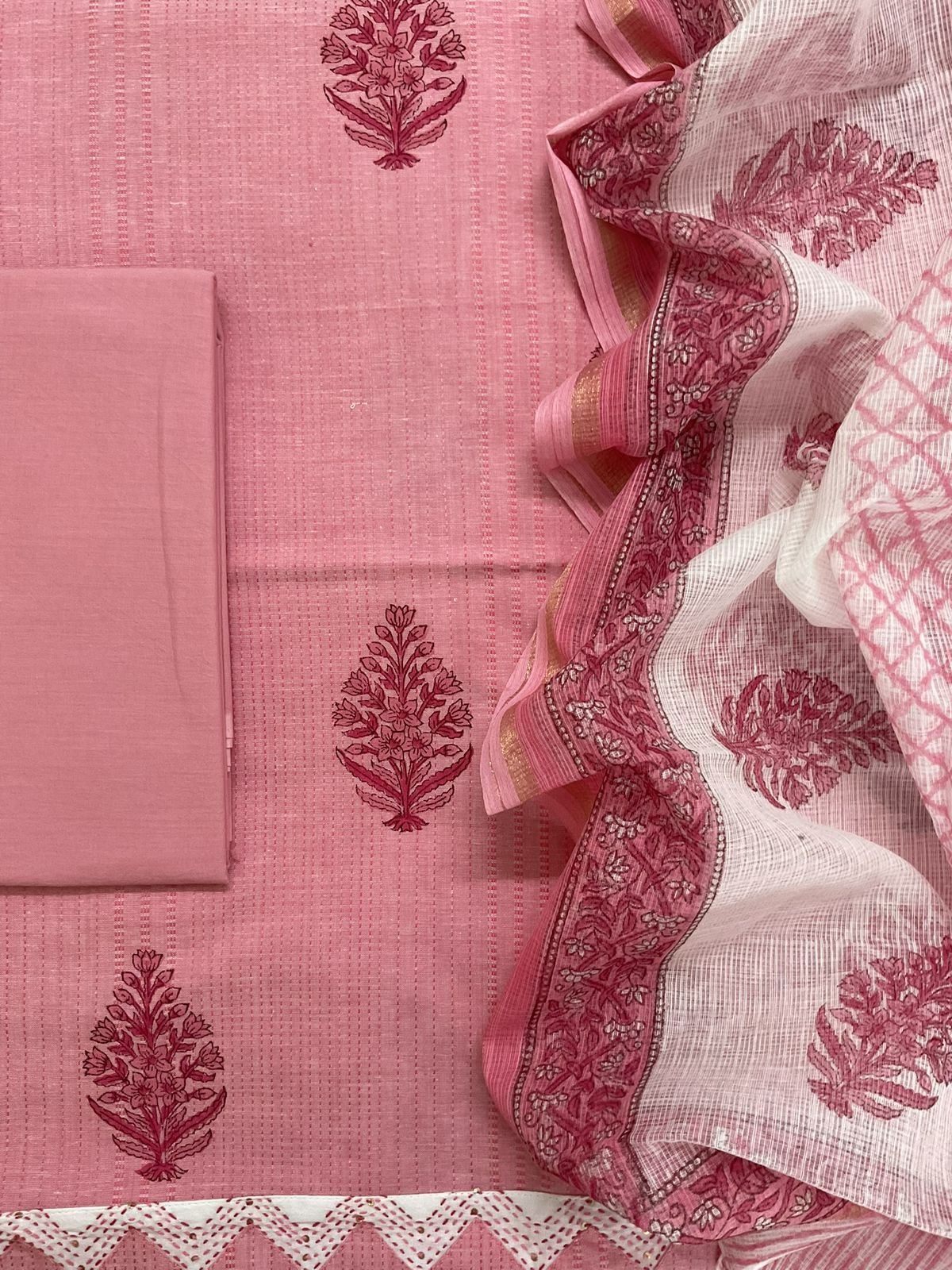 Pure Handloom Cotton Self Weaved Printed Embroidered Suit - Pink