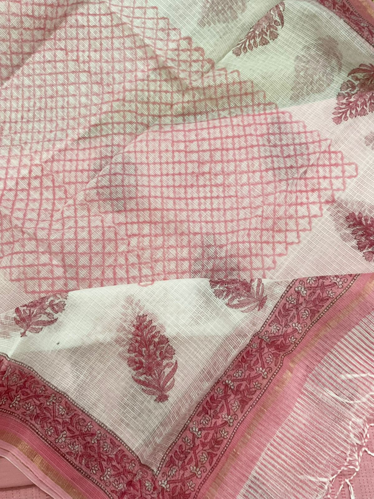 Pure Handloom Cotton Self Weaved Printed Embroidered Suit - Pink