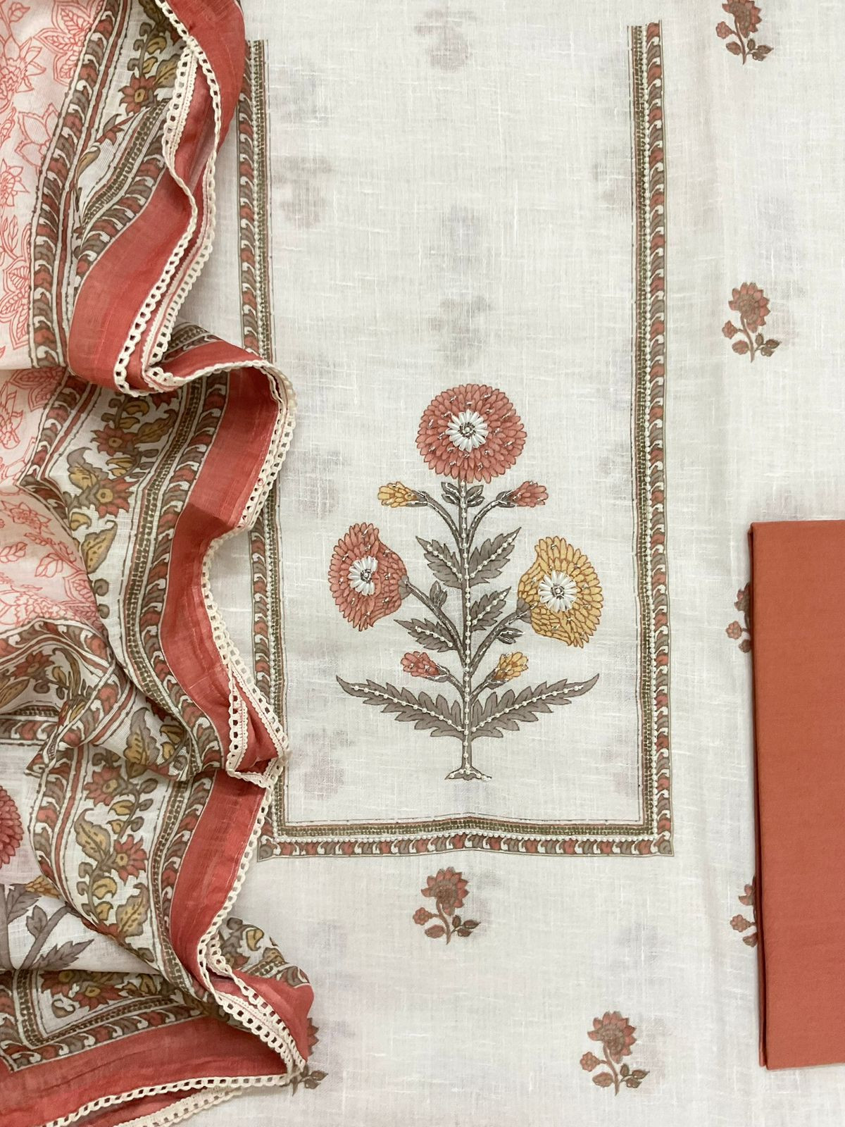 Soft Linen Jute Cotton Printed Embroidered Suit - Off White