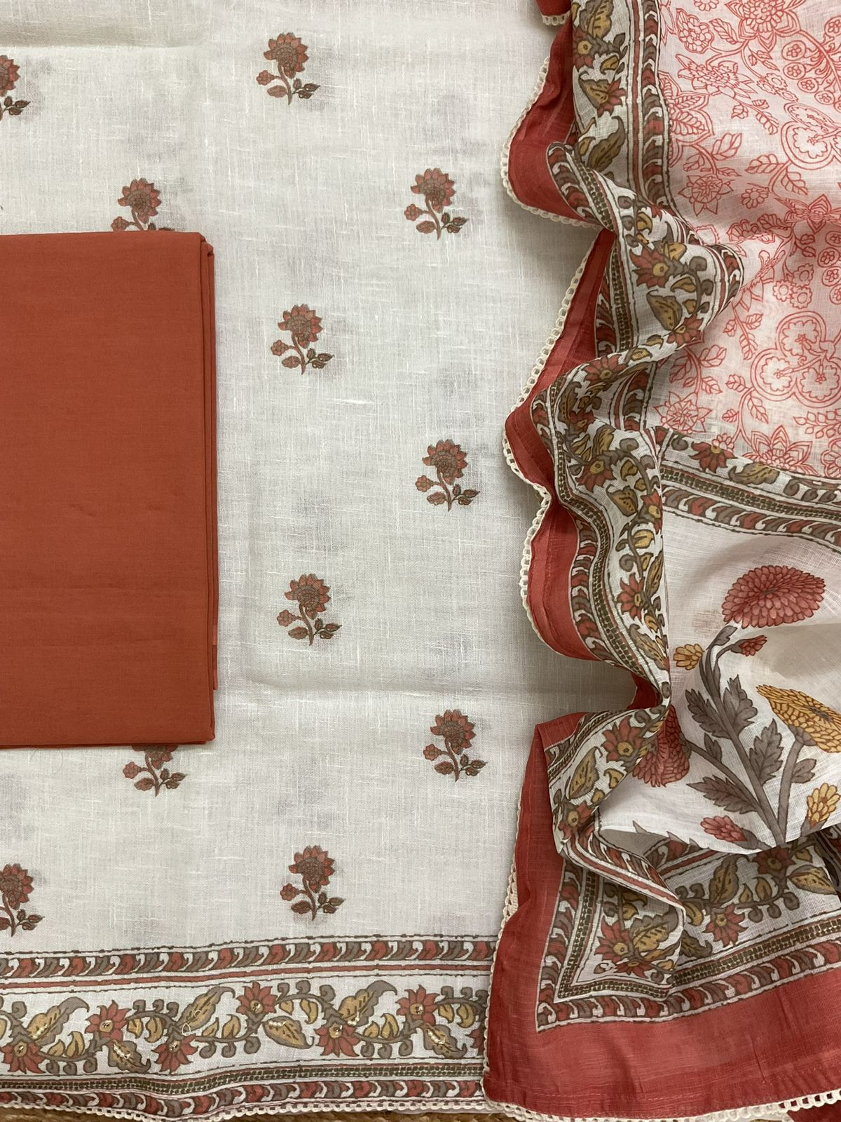 Soft Linen Jute Cotton Printed Embroidered Suit - Off White