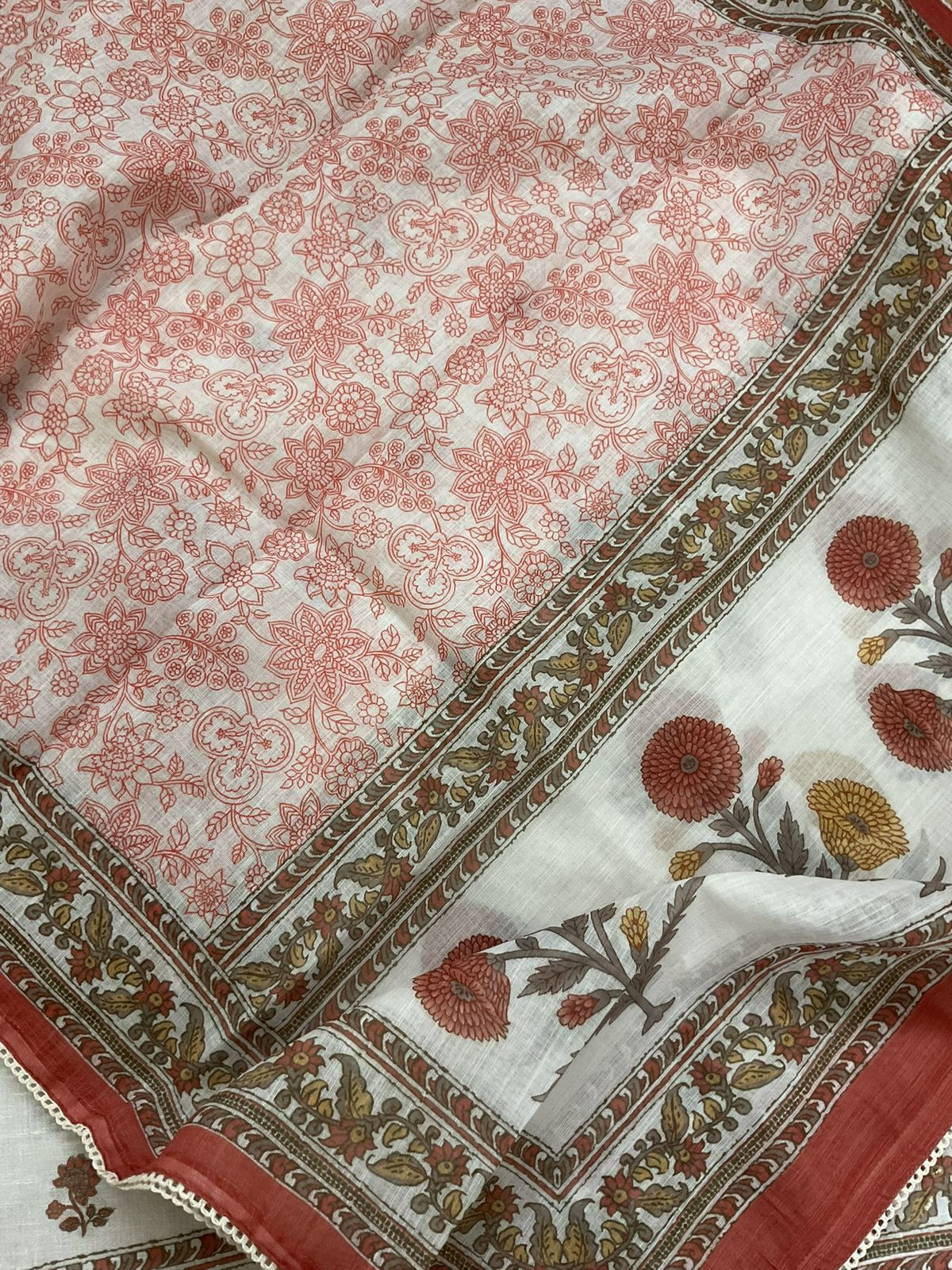 Soft Linen Jute Cotton Printed Embroidered Suit - Off White