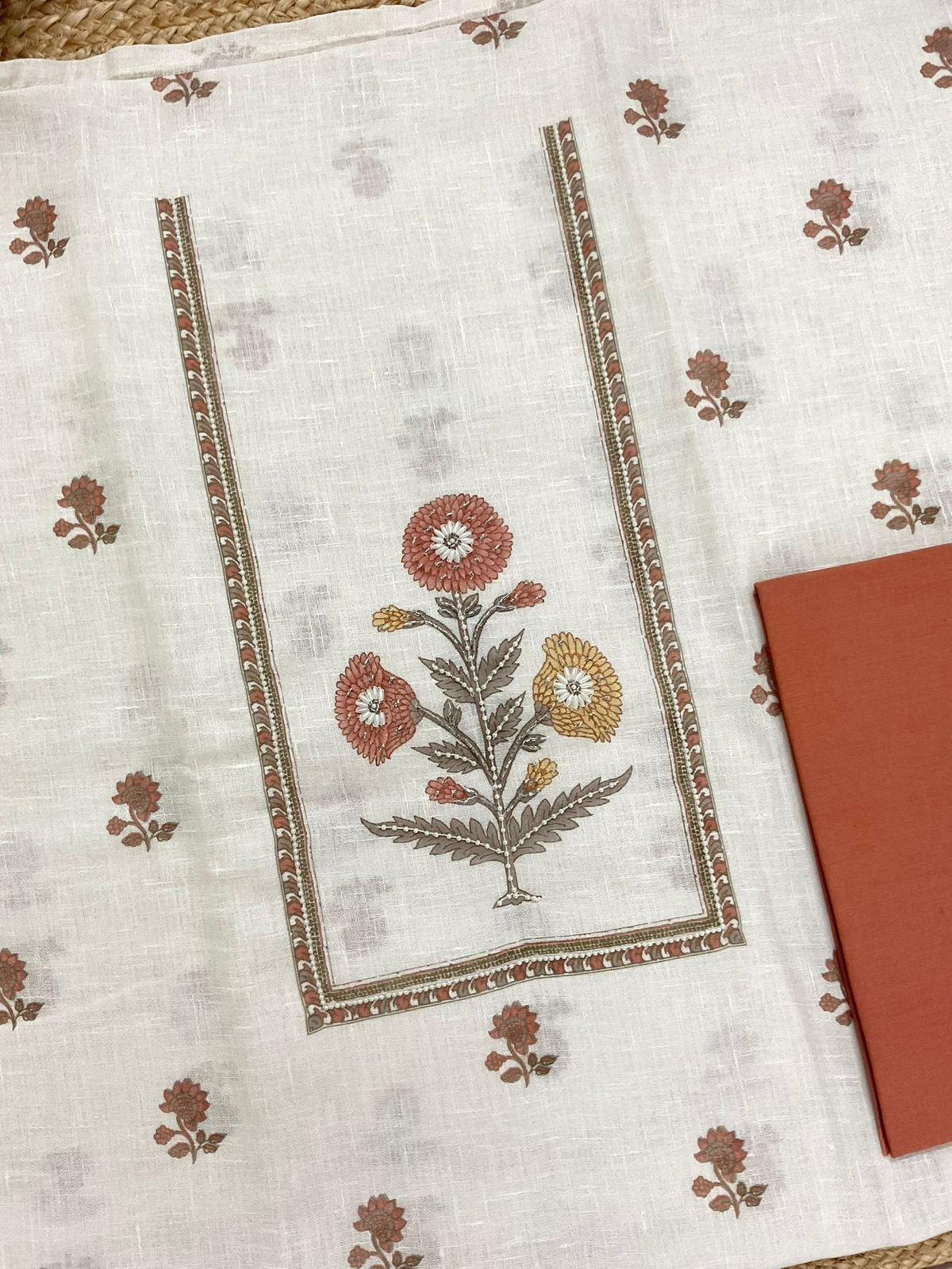 Soft Linen Jute Cotton Printed Embroidered Suit - Off White