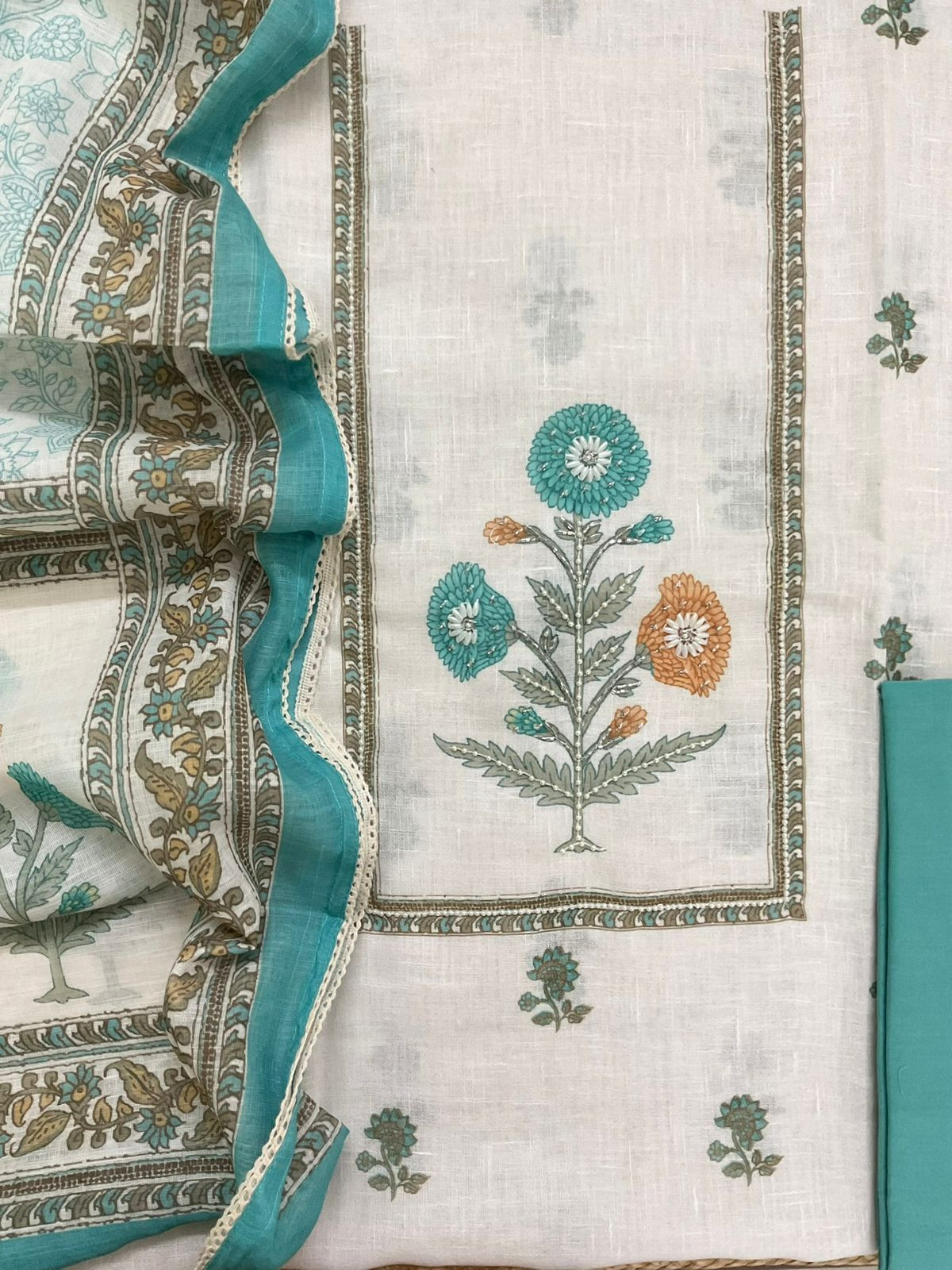 Soft Linen Jute Cotton Printed Embroidered Suit - Off White