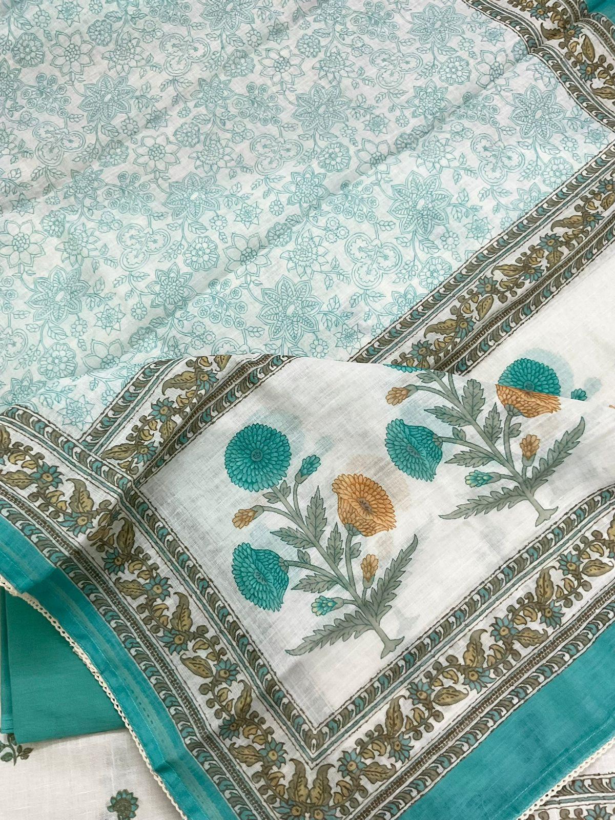 Soft Linen Jute Cotton Printed Embroidered Suit - Off White