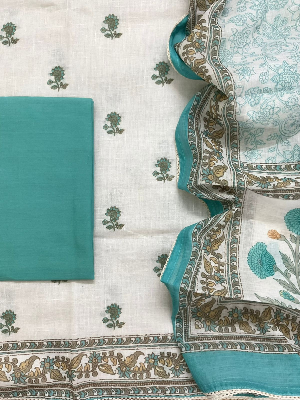 Soft Linen Jute Cotton Printed Embroidered Suit - Off White