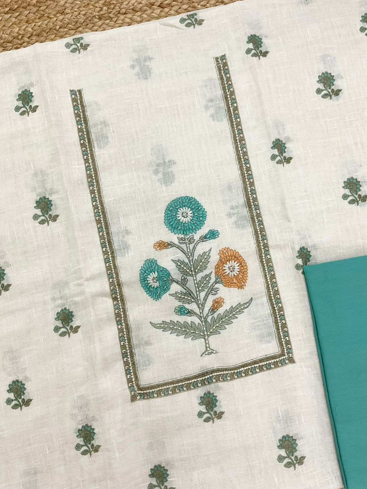 Soft Linen Jute Cotton Printed Embroidered Suit - Off White