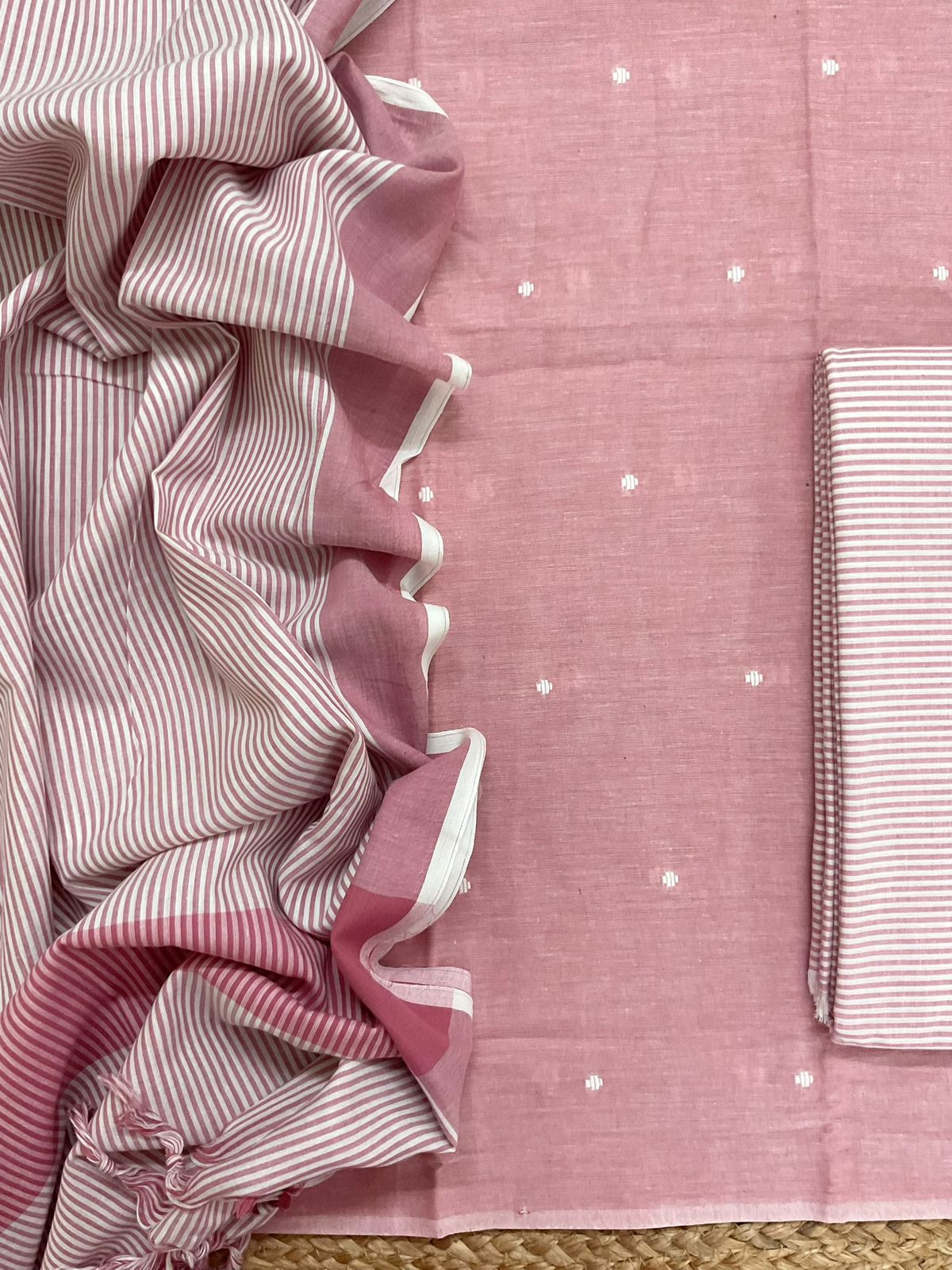 Pure Handloom Cotton Self Weaved Suit - Pink