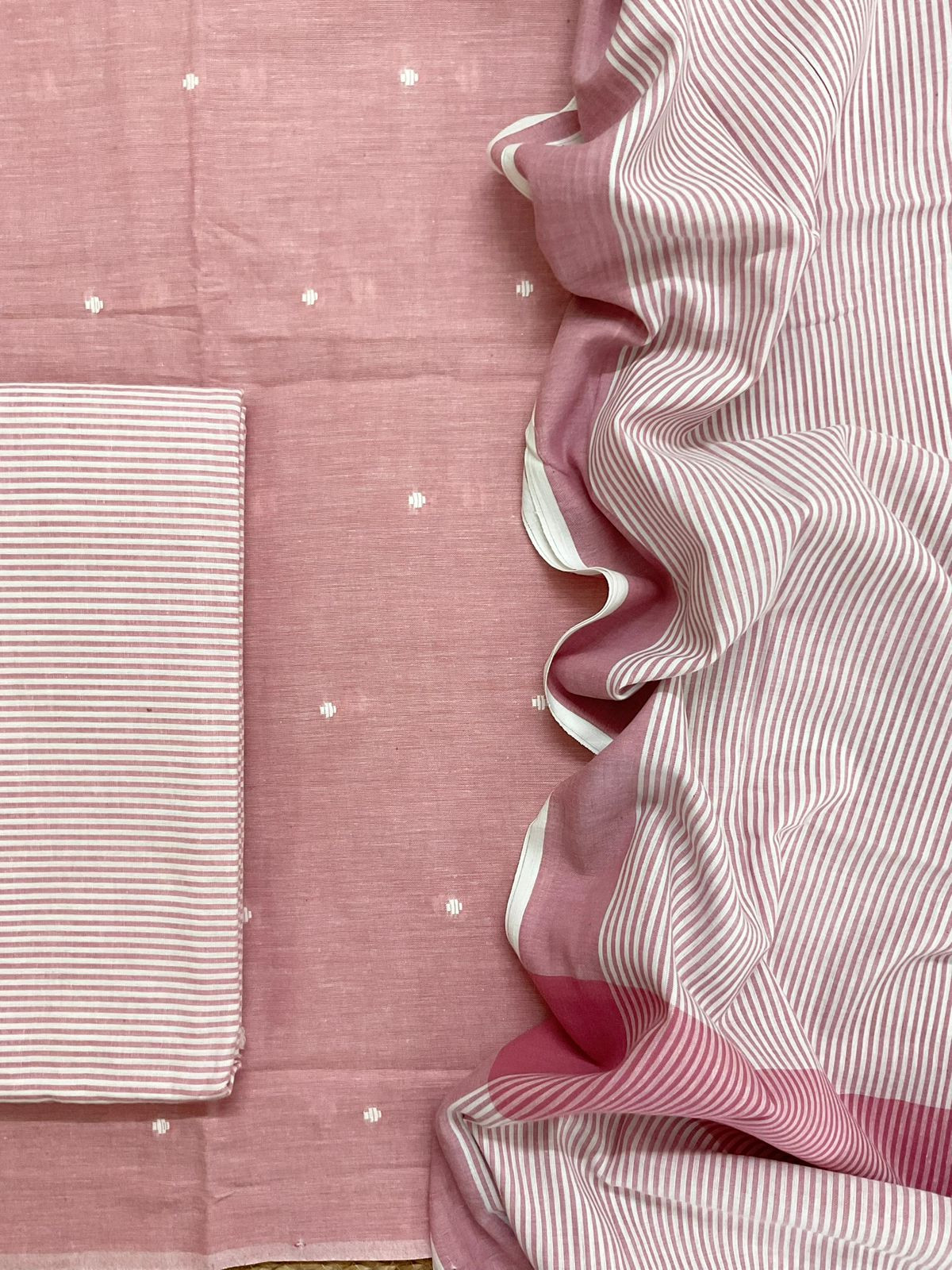 Pure Handloom Cotton Self Weaved Suit - Pink