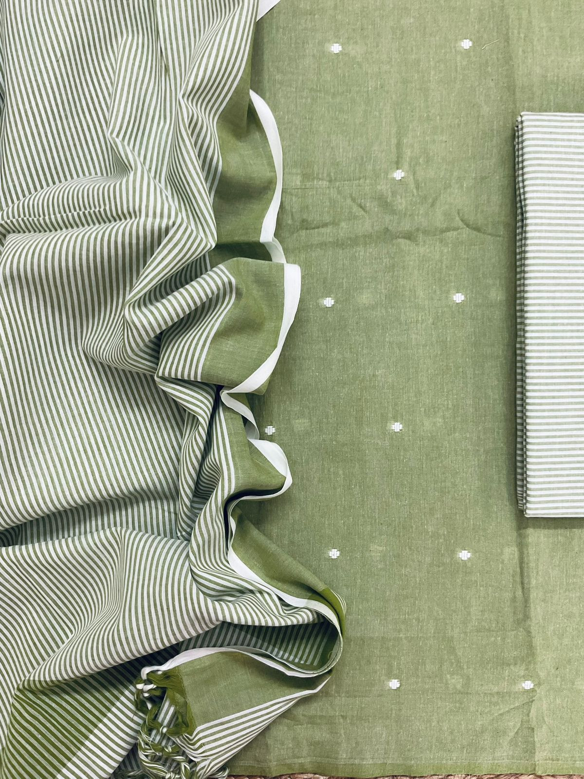 Pure Handloom Cotton Self Weaved Suit - Green