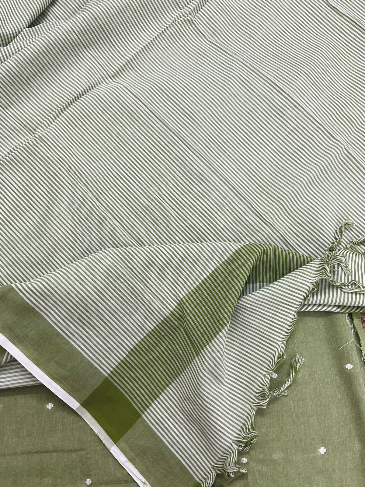 Pure Handloom Cotton Self Weaved Suit - Green