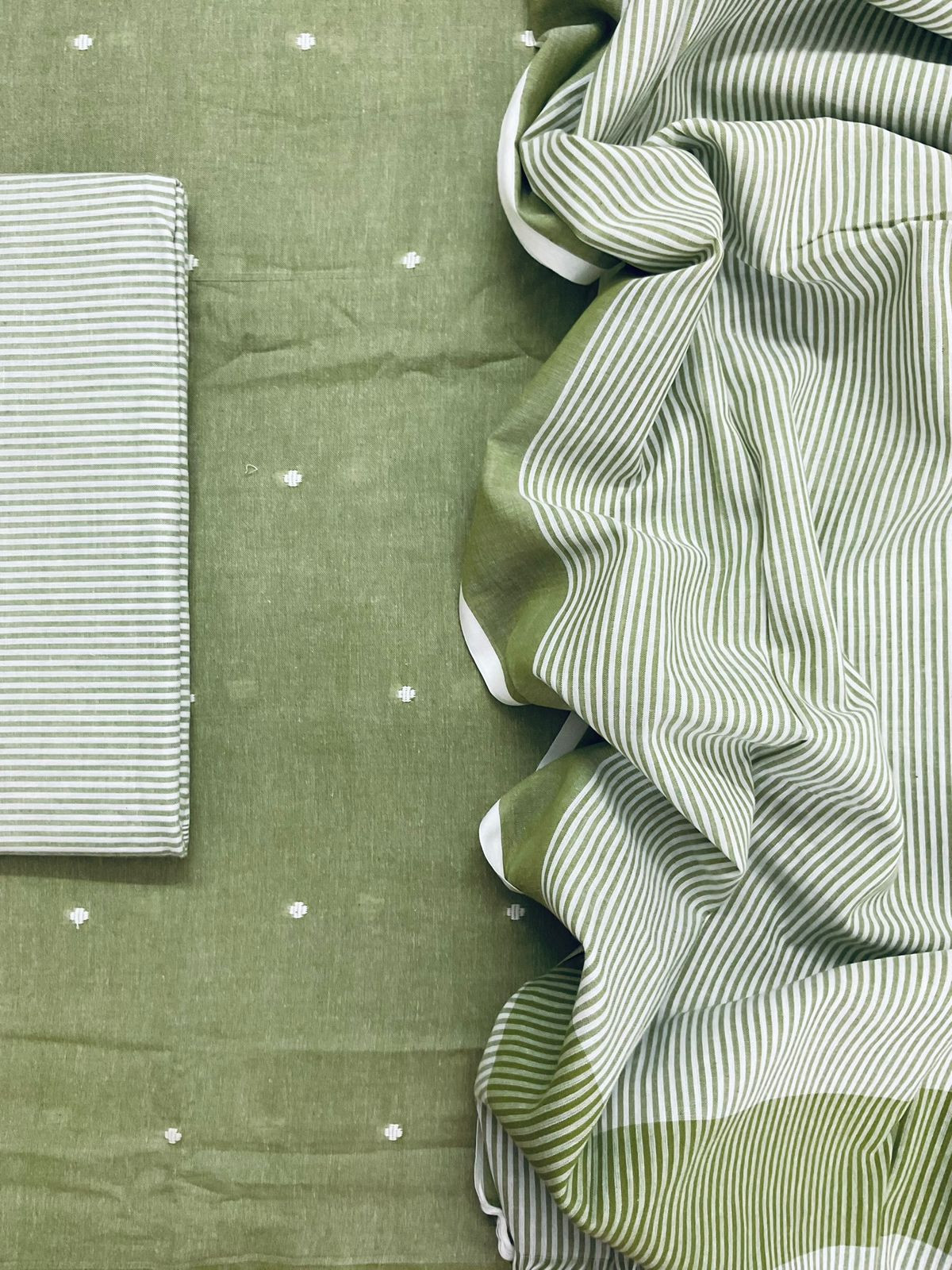 Pure Handloom Cotton Self Weaved Suit - Green