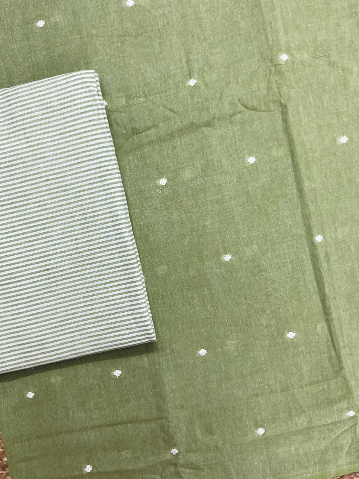 Pure Handloom Cotton Self Weaved Suit - Green