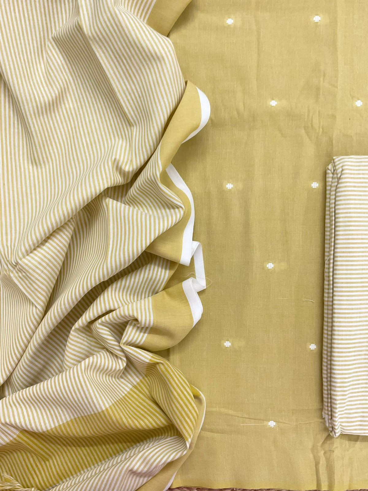 Pure Handloom Cotton Self Weaved Suit - Yellow
