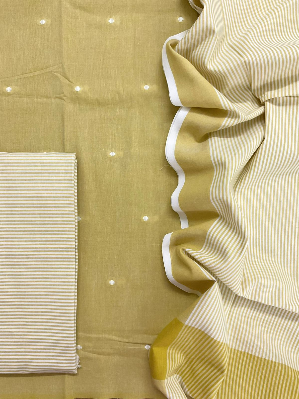 Pure Handloom Cotton Self Weaved Suit - Yellow