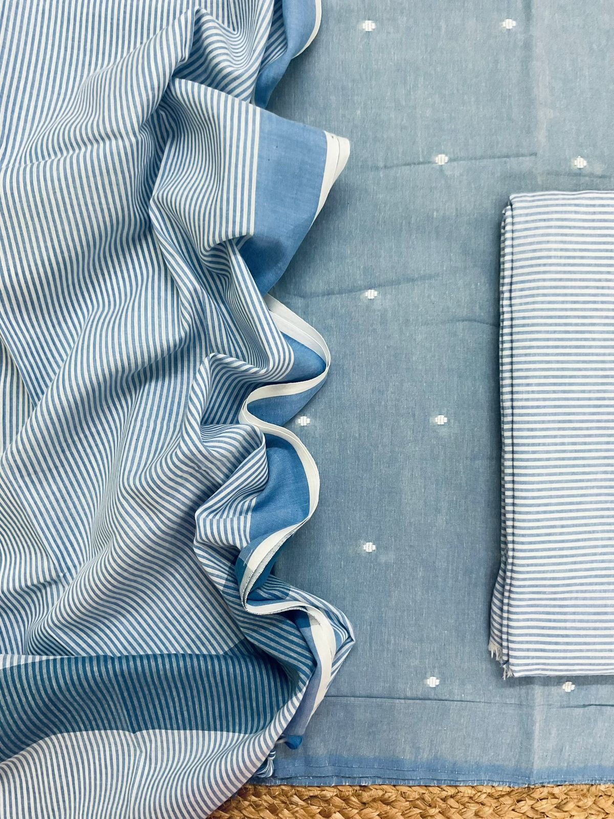 Pure Handloom Cotton Self Weaved Suit - Blue