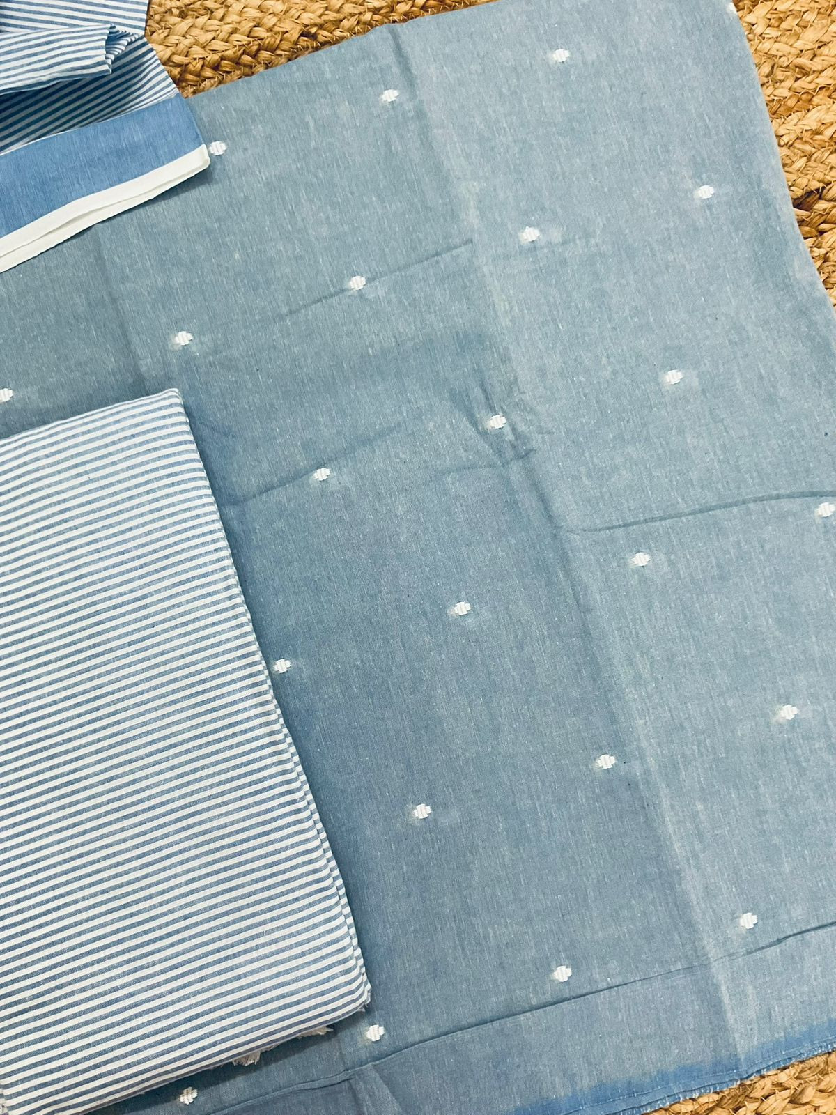 Pure Handloom Cotton Self Weaved Suit - Blue